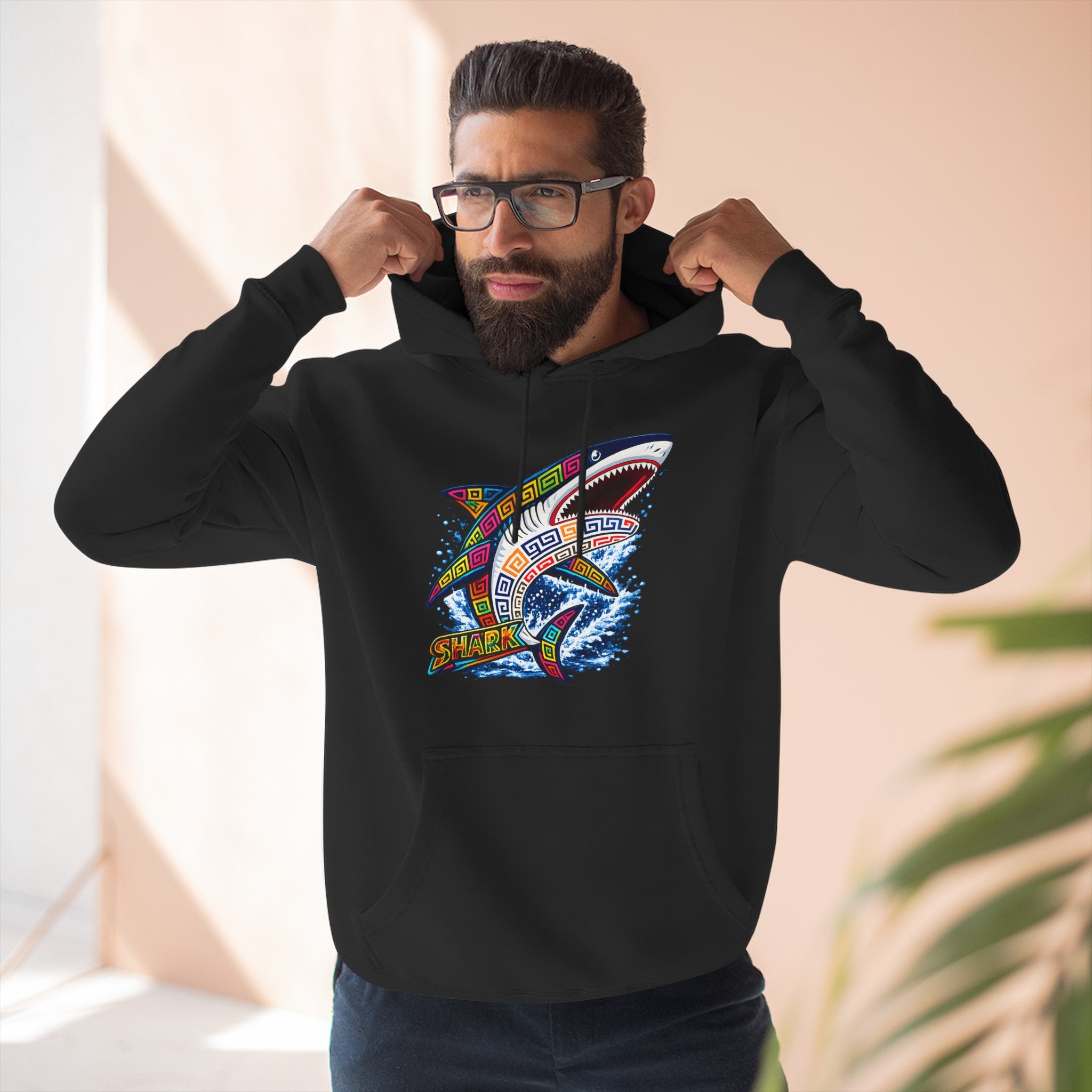 Shark Graphic Hoodie — Colorful Tribal Surf Shark Fleece Pullover