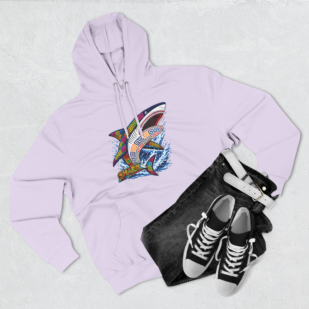 Shark Graphic Hoodie — Colorful Tribal Surf Shark Fleece Pullover
