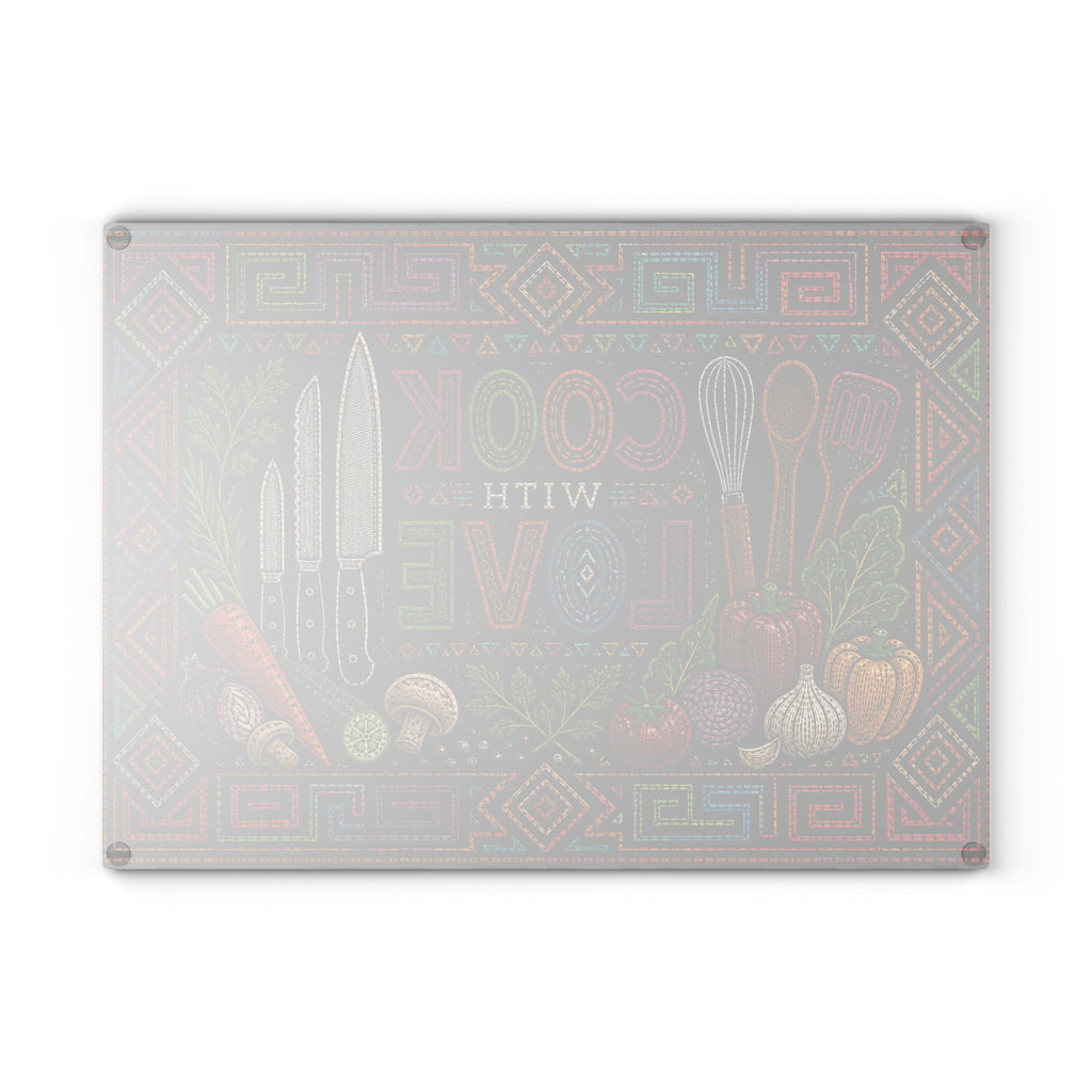 Cook With Love Glass Cutting Board — Colorful Kitchen Knife & Veggie Chopping Board