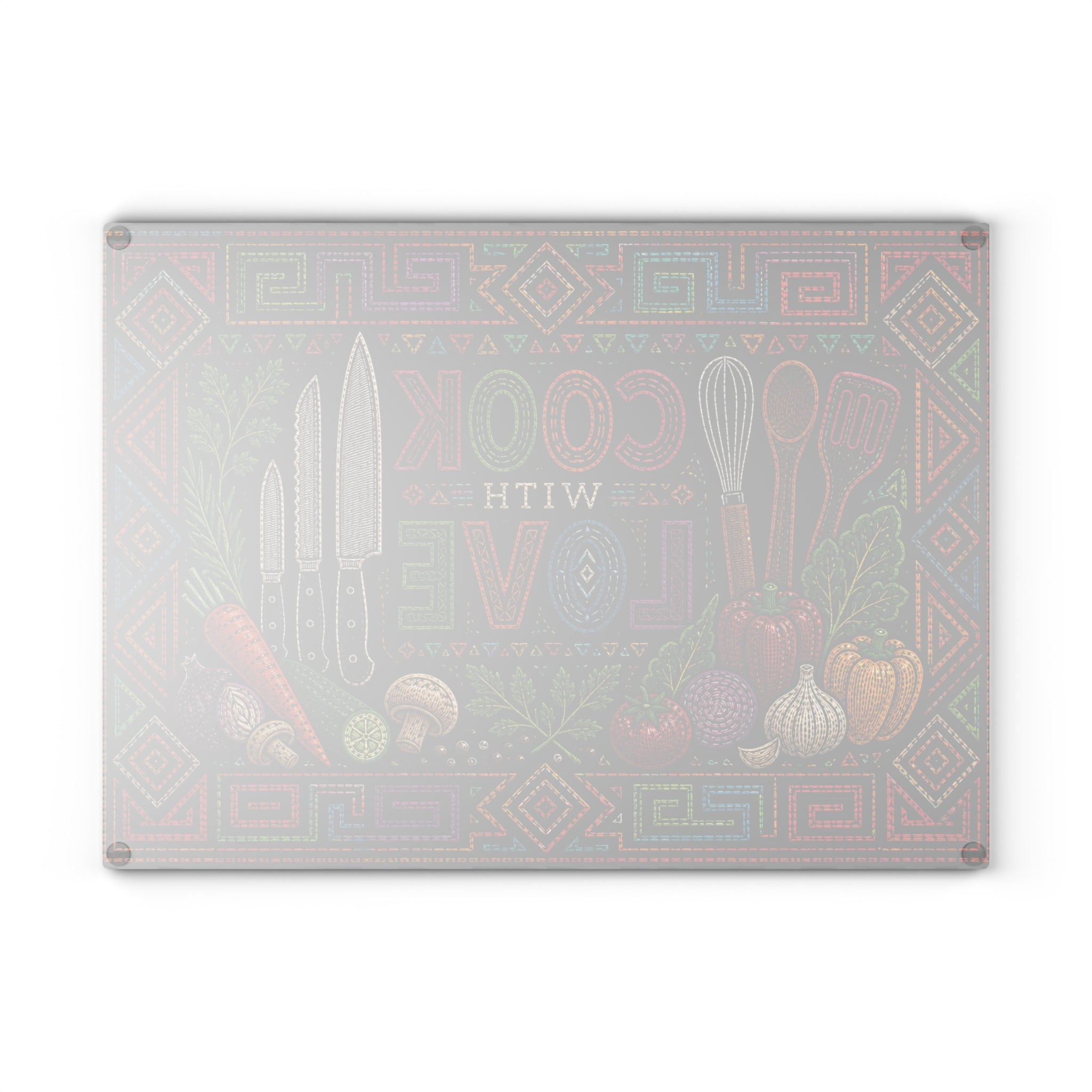 Cook With Love Glass Cutting Board — Colorful Kitchen Knife & Veggie Chopping Board