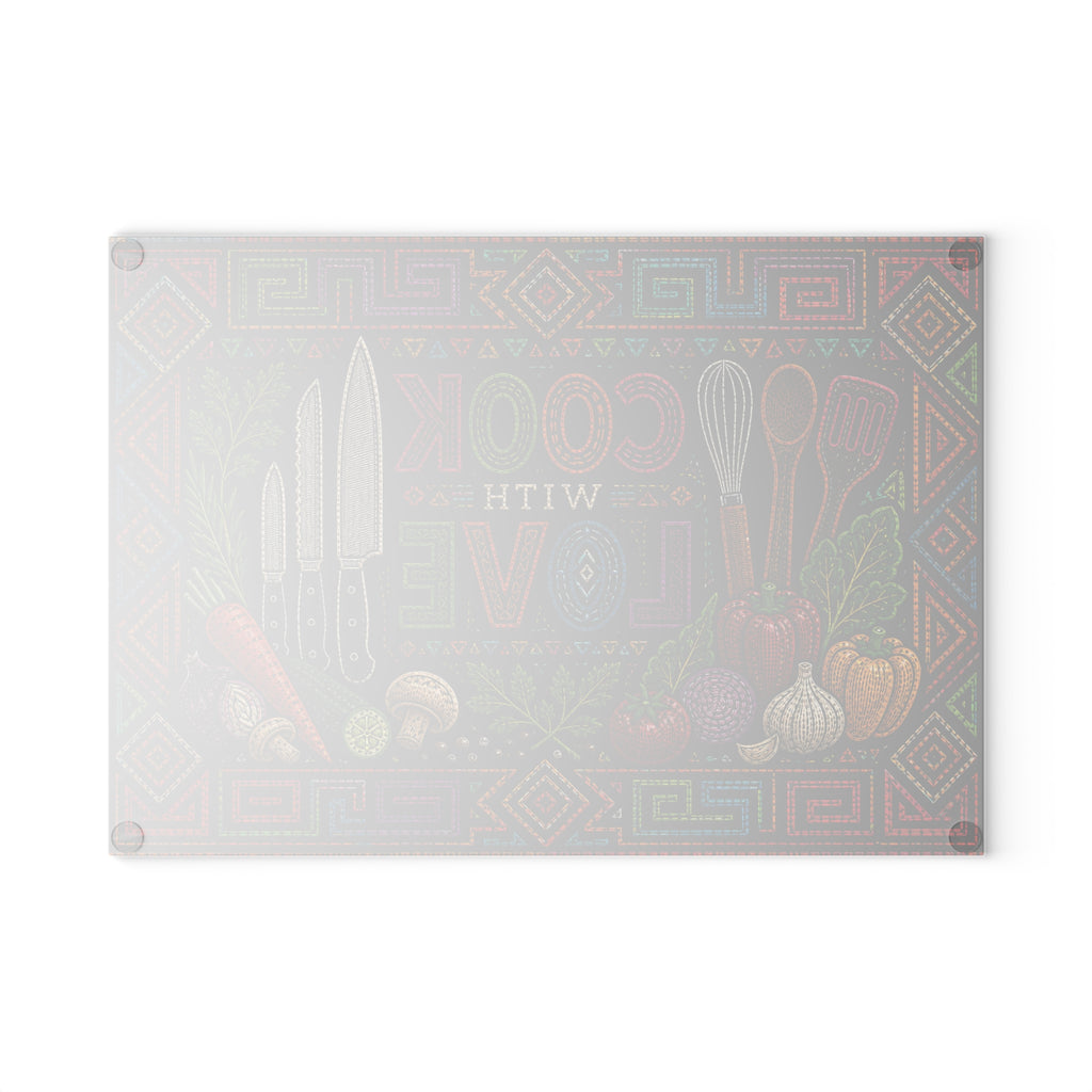 Cook With Love Glass Cutting Board — Colorful Kitchen Knife & Veggie Chopping Board