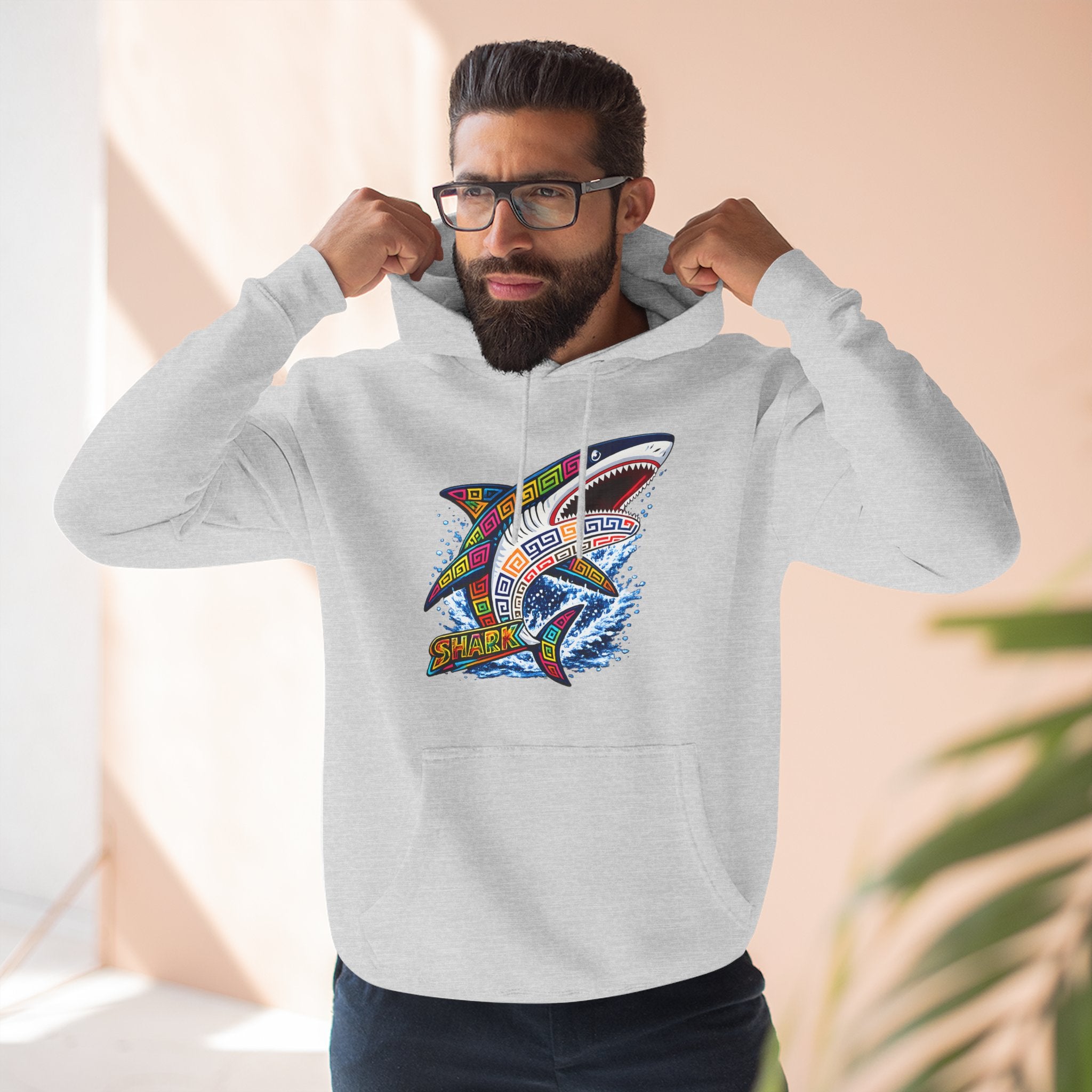 Shark Graphic Hoodie — Colorful Tribal Surf Shark Fleece Pullover