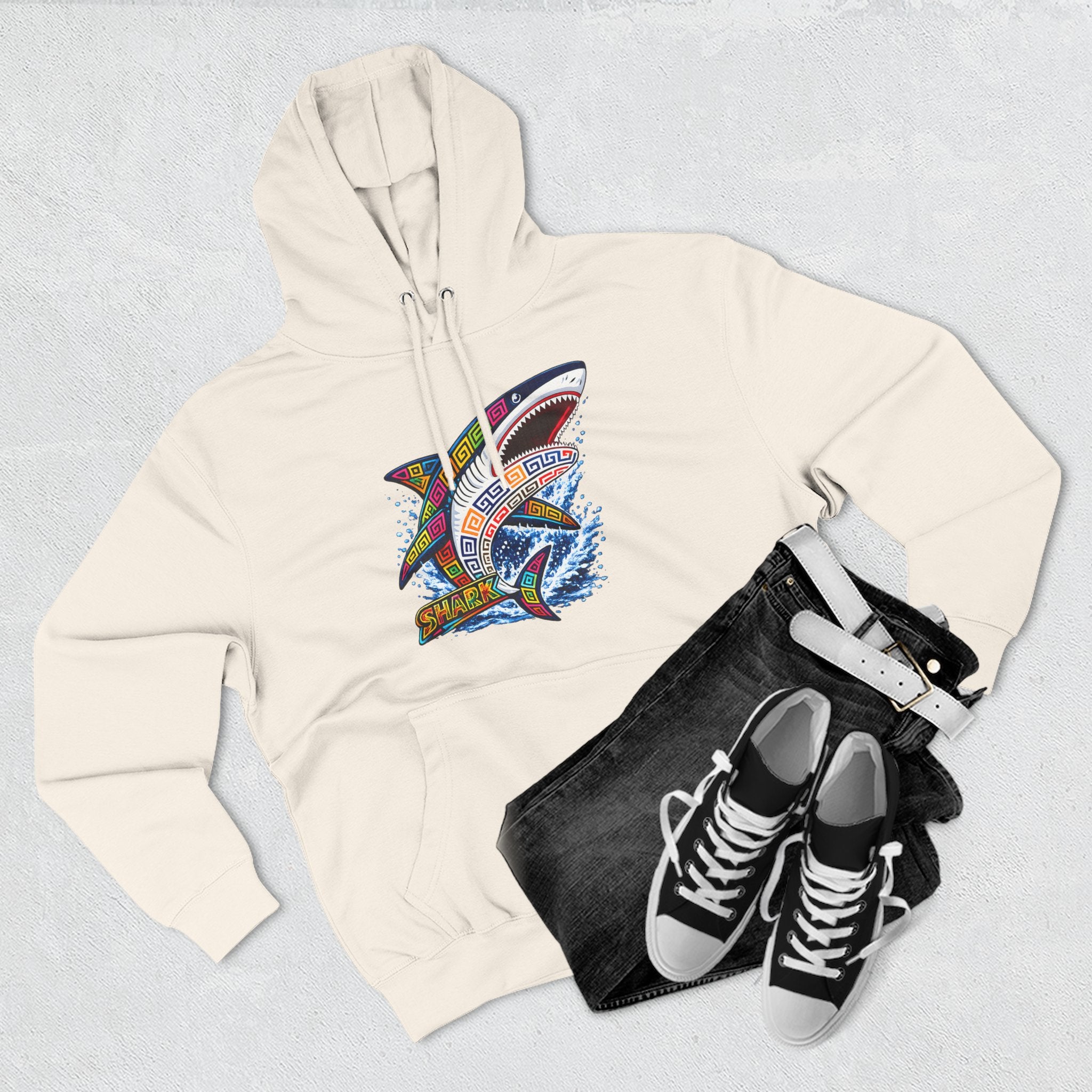 Shark Graphic Hoodie — Colorful Tribal Surf Shark Fleece Pullover