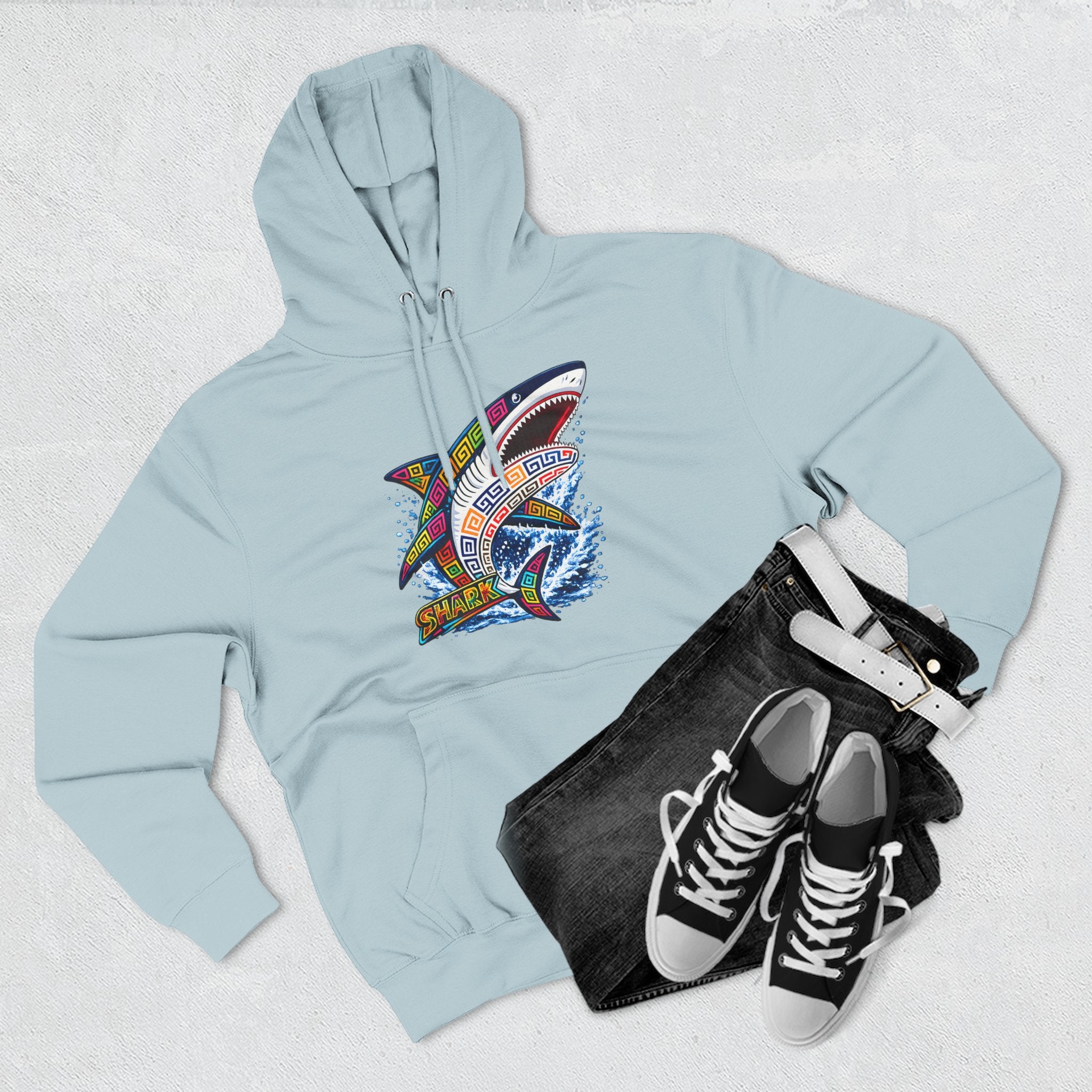 Shark Graphic Hoodie — Colorful Tribal Surf Shark Fleece Pullover