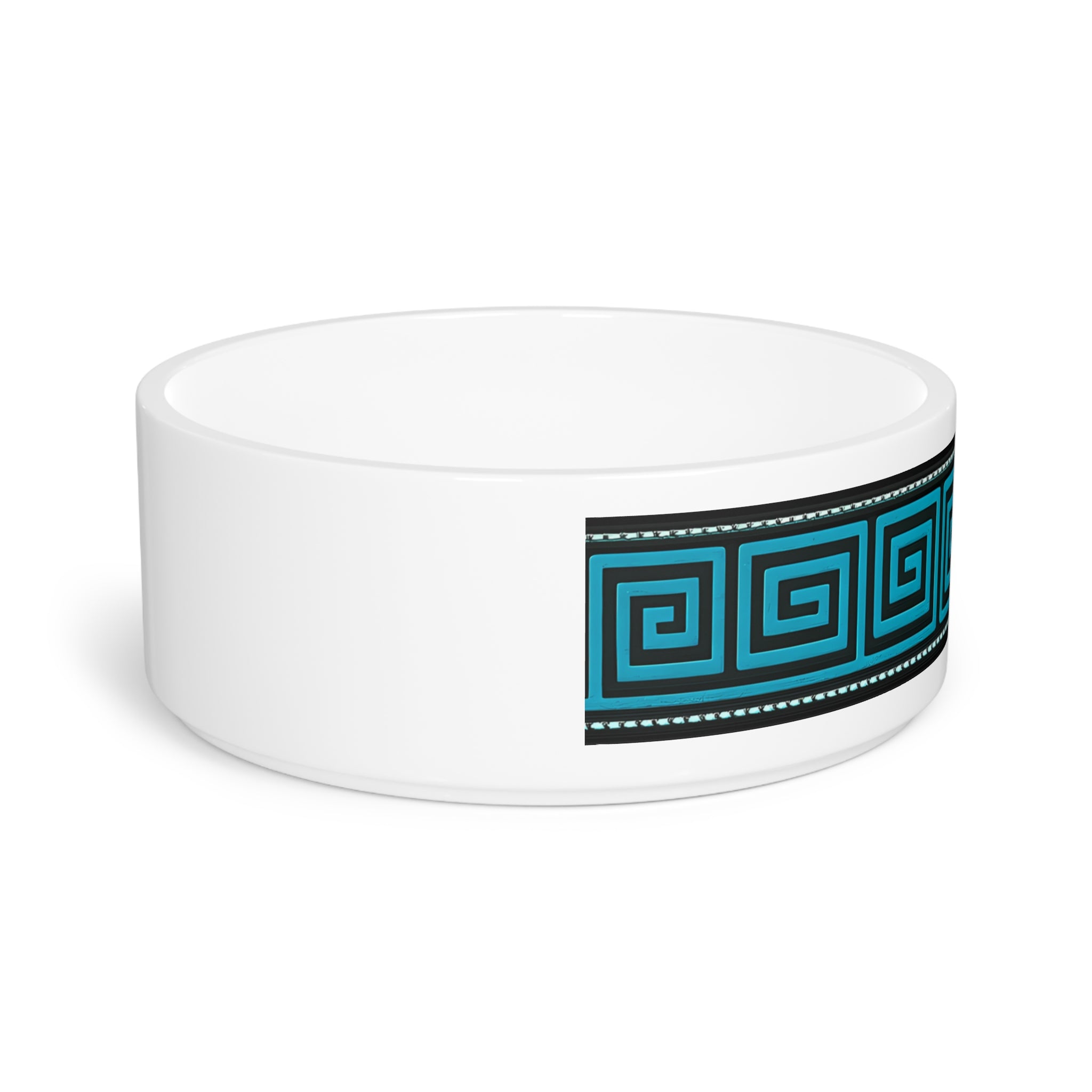 Turquoise Greek Key Pet Bowl — Ceramic Water & Food Dish for Dogs & Cats