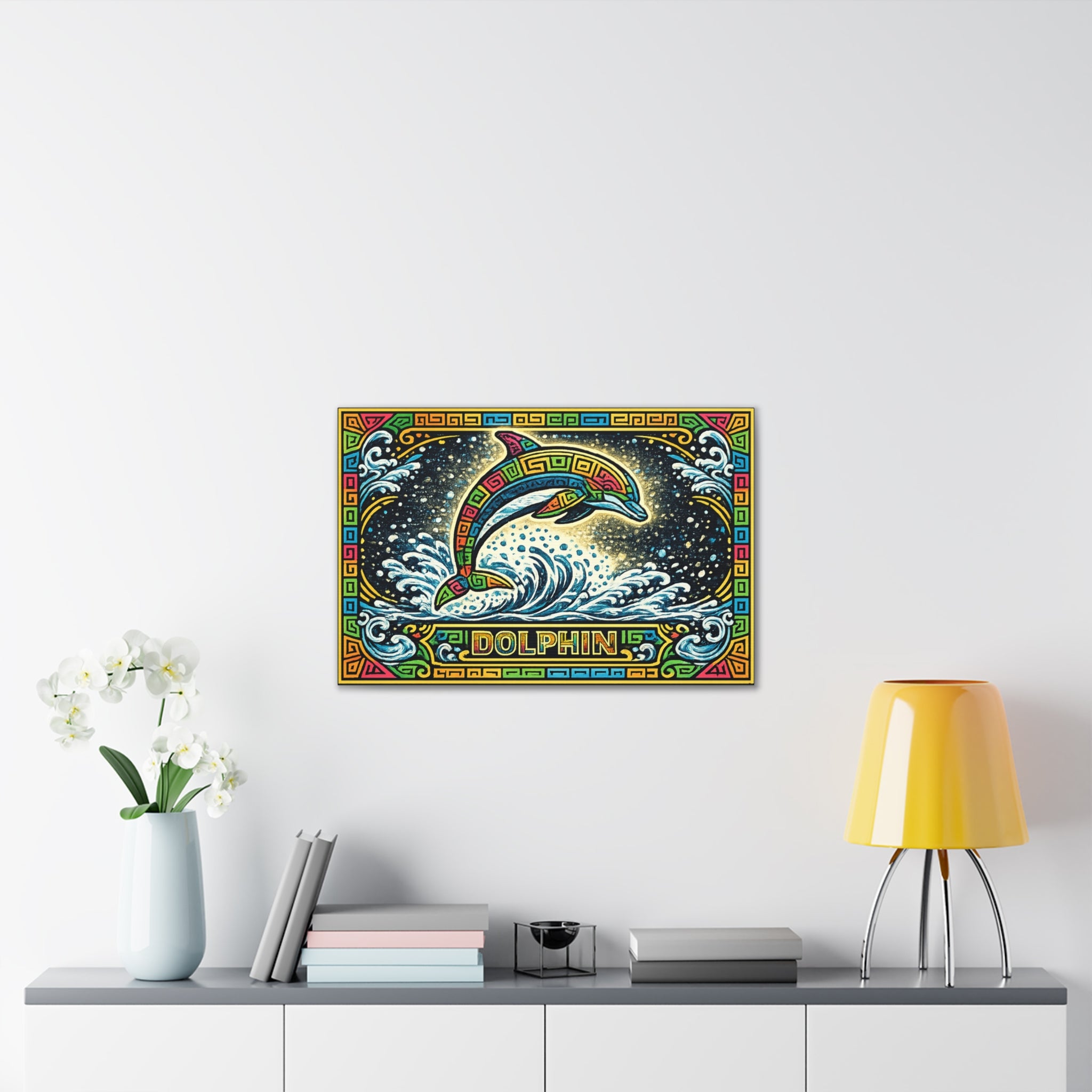 Dolphin Mosaic Canvas Print — Colorful Leaping Dolphin Wall Art