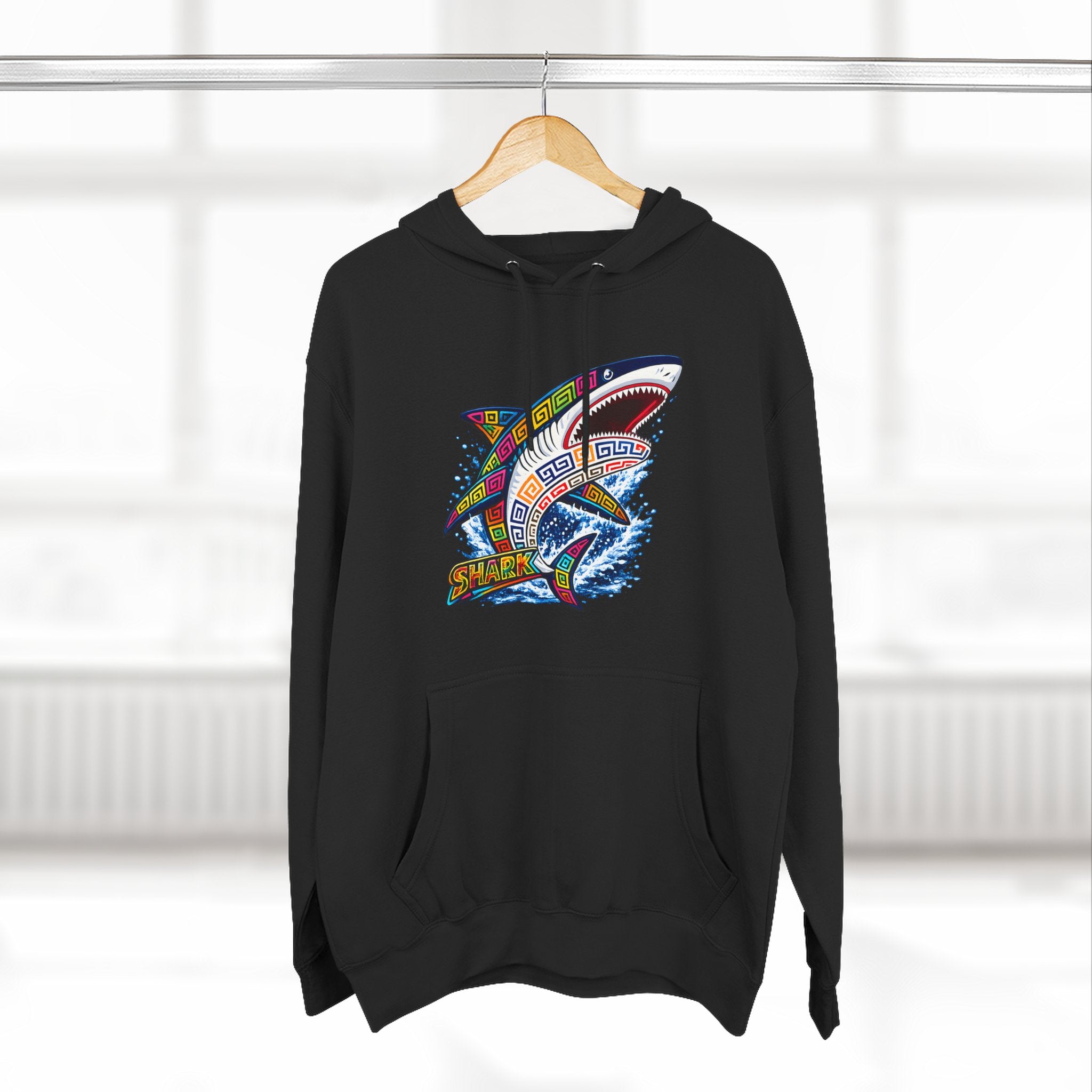 Shark Graphic Hoodie — Colorful Tribal Surf Shark Fleece Pullover