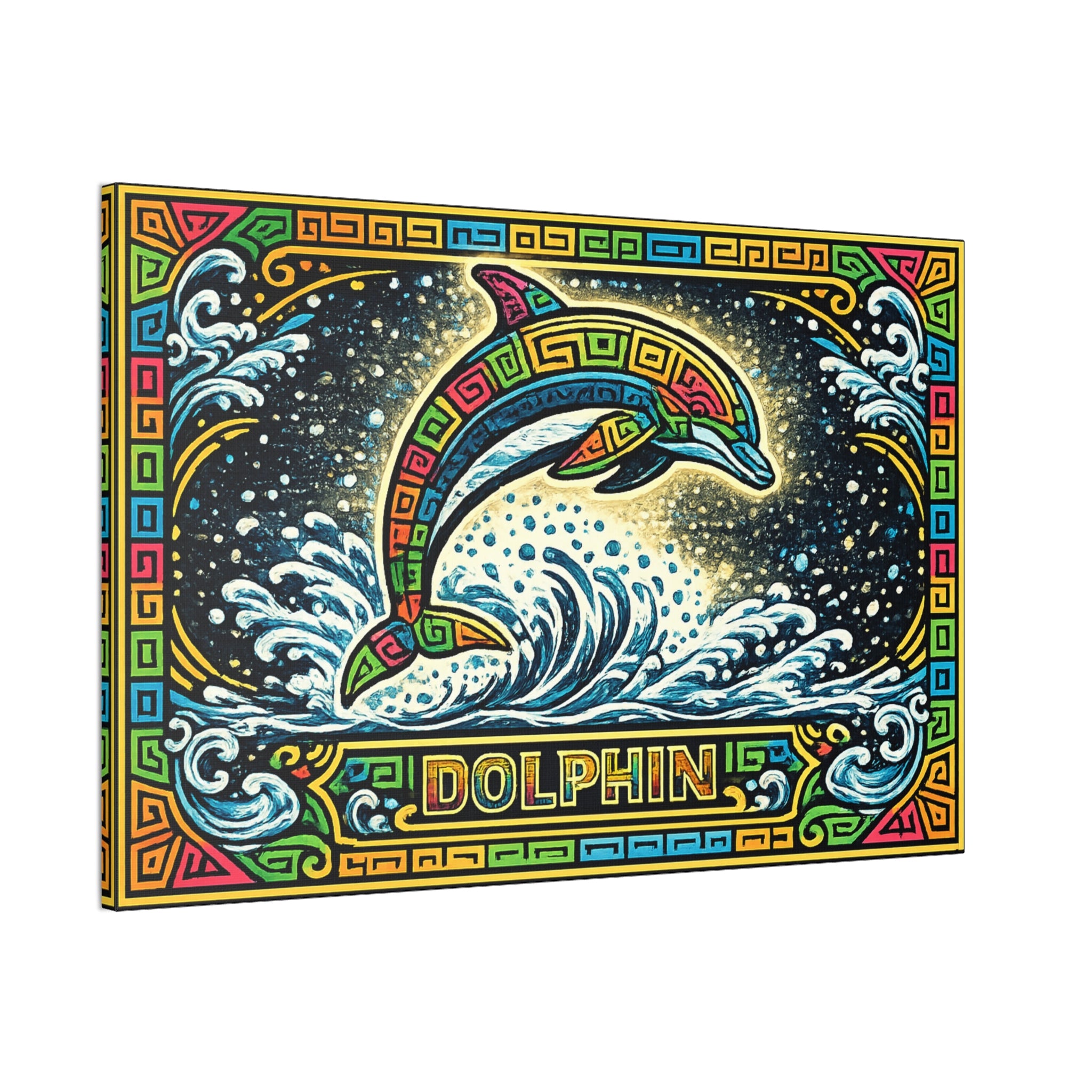 Dolphin Mosaic Canvas Print — Colorful Leaping Dolphin Wall Art