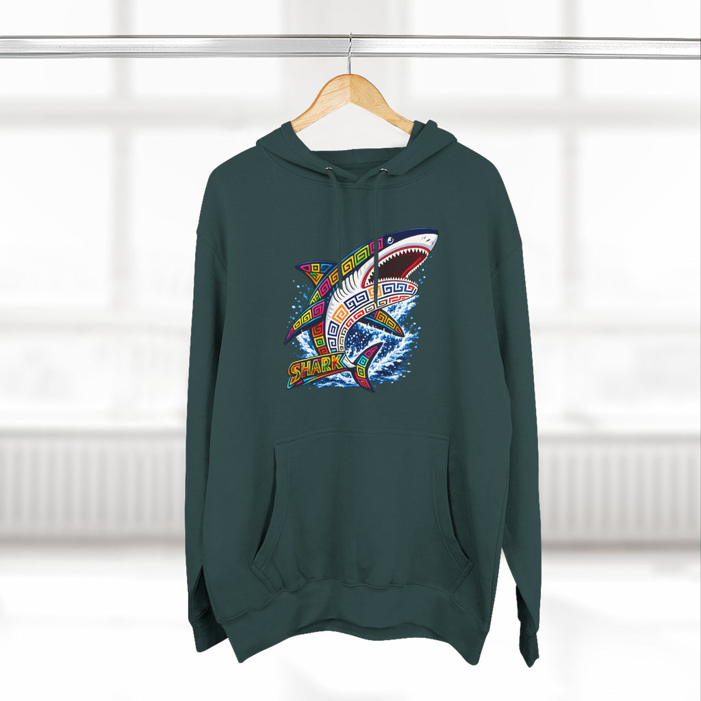 Shark Graphic Hoodie — Colorful Tribal Surf Shark Fleece Pullover