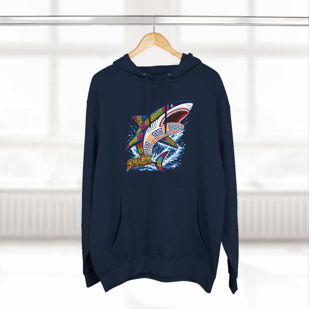 Shark Graphic Hoodie — Colorful Tribal Surf Shark Fleece Pullover