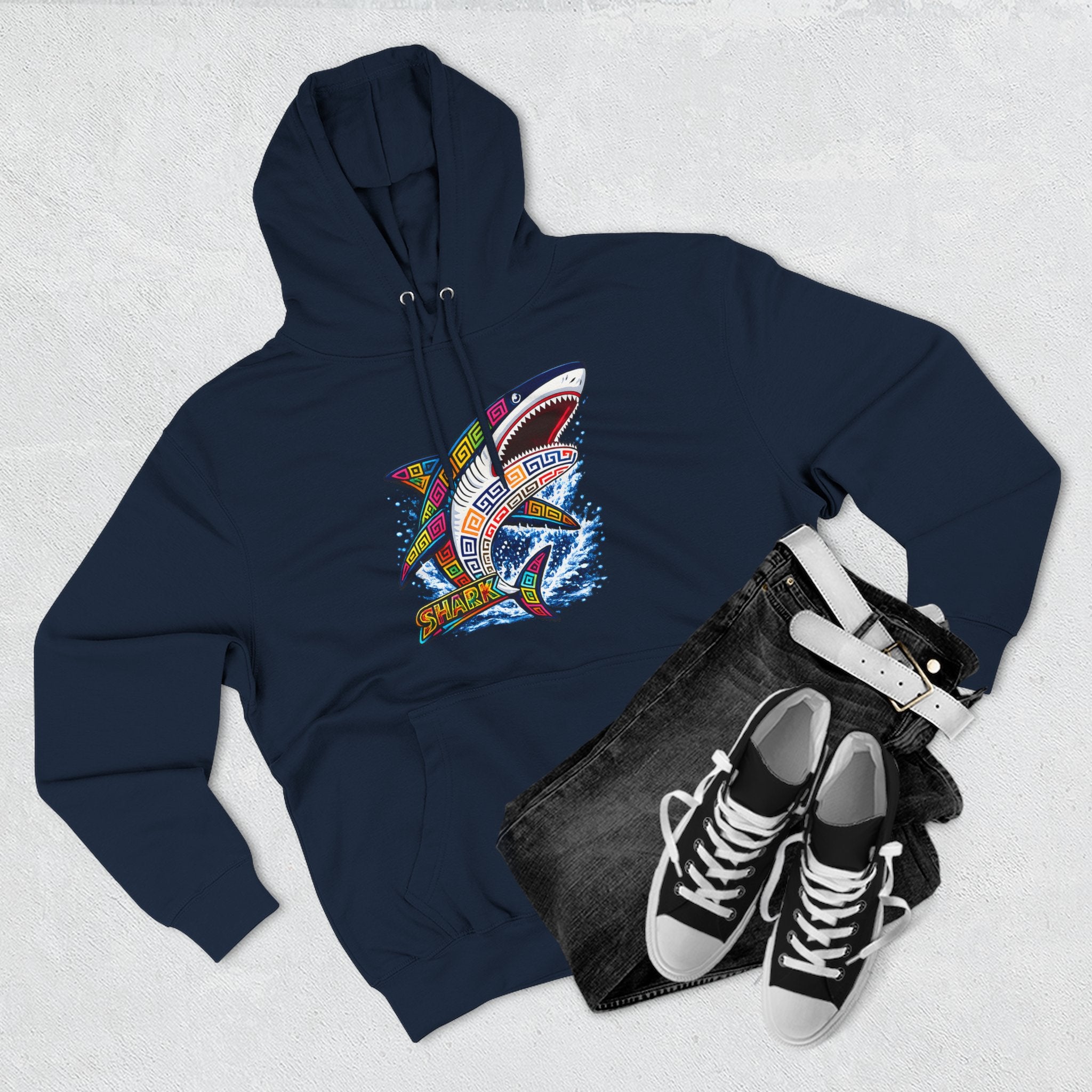 Shark Graphic Hoodie — Colorful Tribal Surf Shark Fleece Pullover