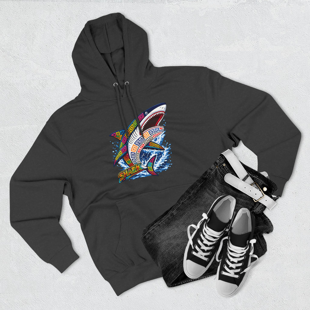 Shark Graphic Hoodie — Colorful Tribal Surf Shark Fleece Pullover