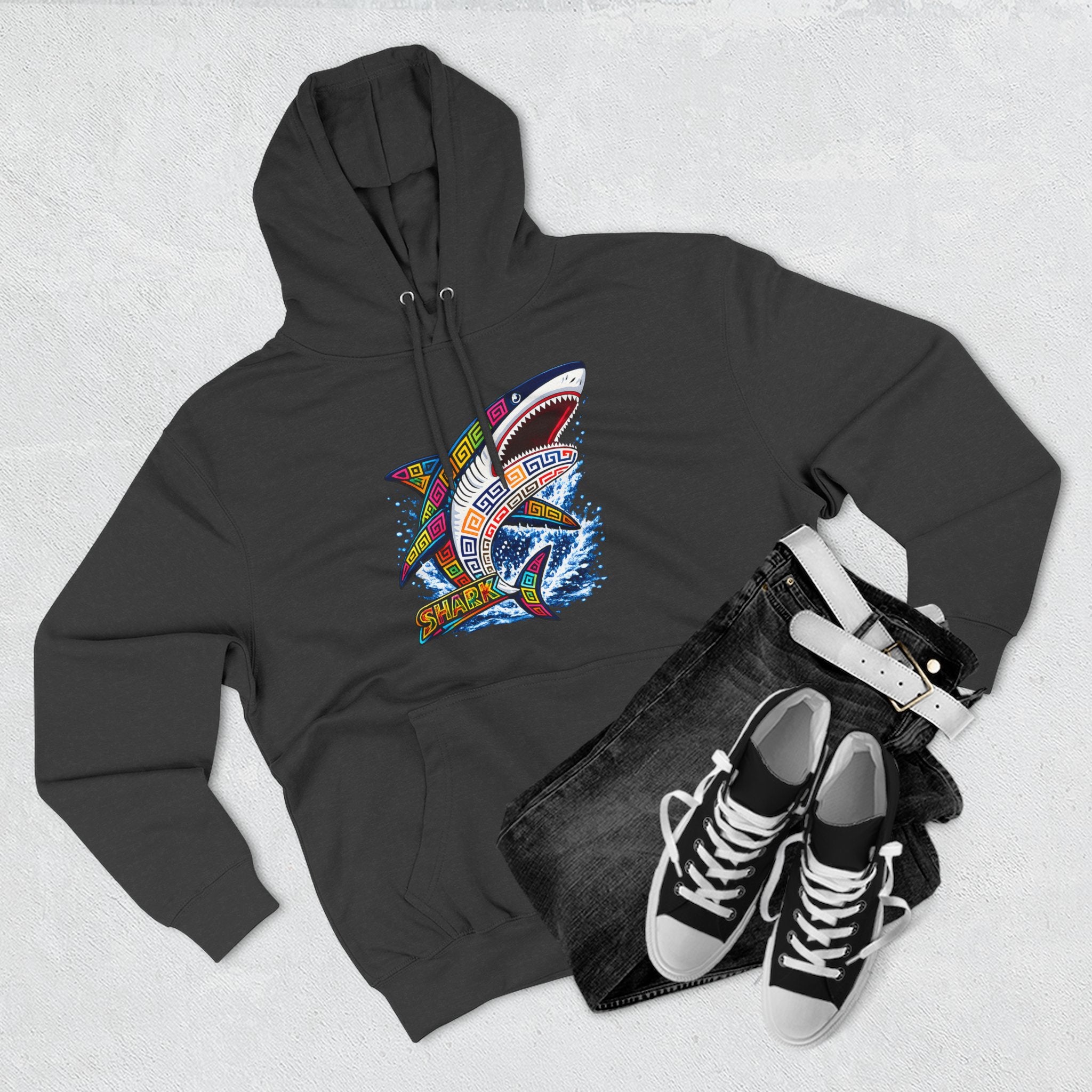 Shark Graphic Hoodie — Colorful Tribal Surf Shark Fleece Pullover