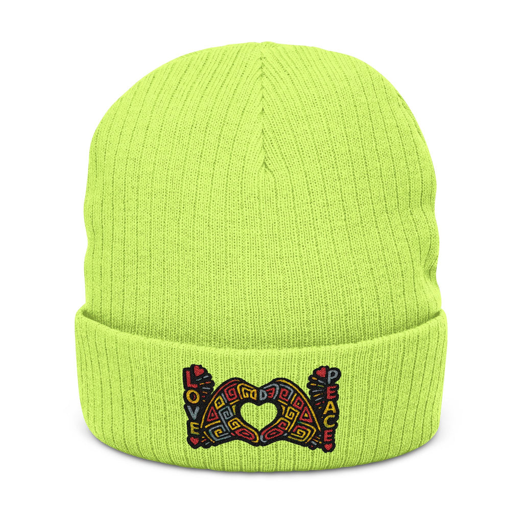 Embroidered 'Love & Peace' Ribbed Knit Beanie — Colorful Retro Heart Design