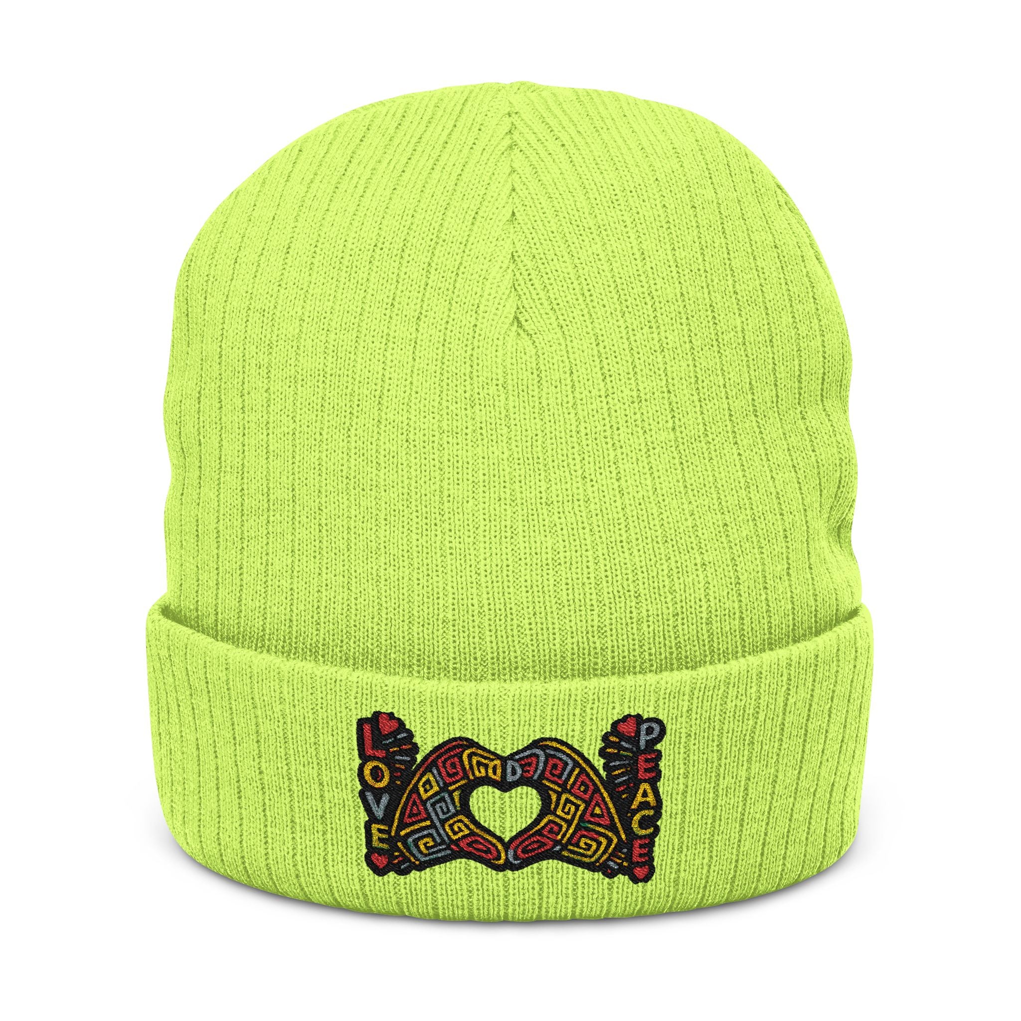 Embroidered 'Love & Peace' Ribbed Knit Beanie — Colorful Retro Heart Design
