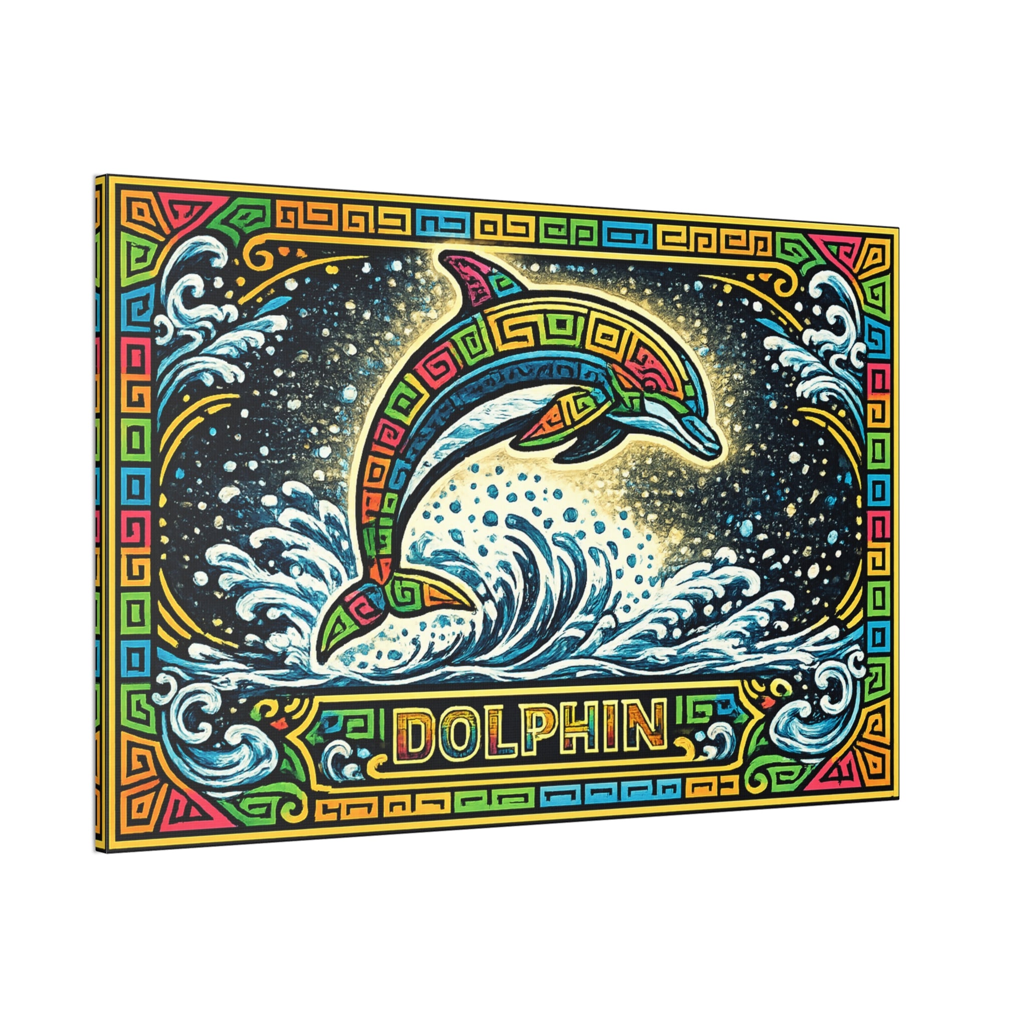 Dolphin Mosaic Canvas Print — Colorful Leaping Dolphin Wall Art