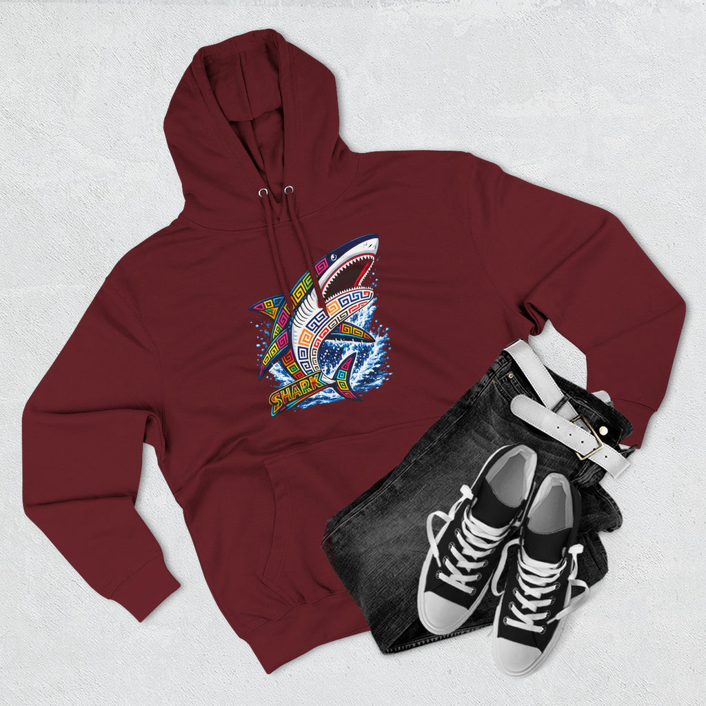 Shark Graphic Hoodie — Colorful Tribal Surf Shark Fleece Pullover