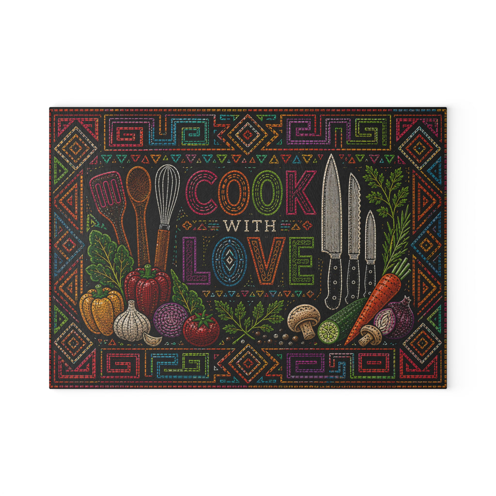 Cook With Love Glass Cutting Board — Colorful Kitchen Knife & Veggie Chopping Board
