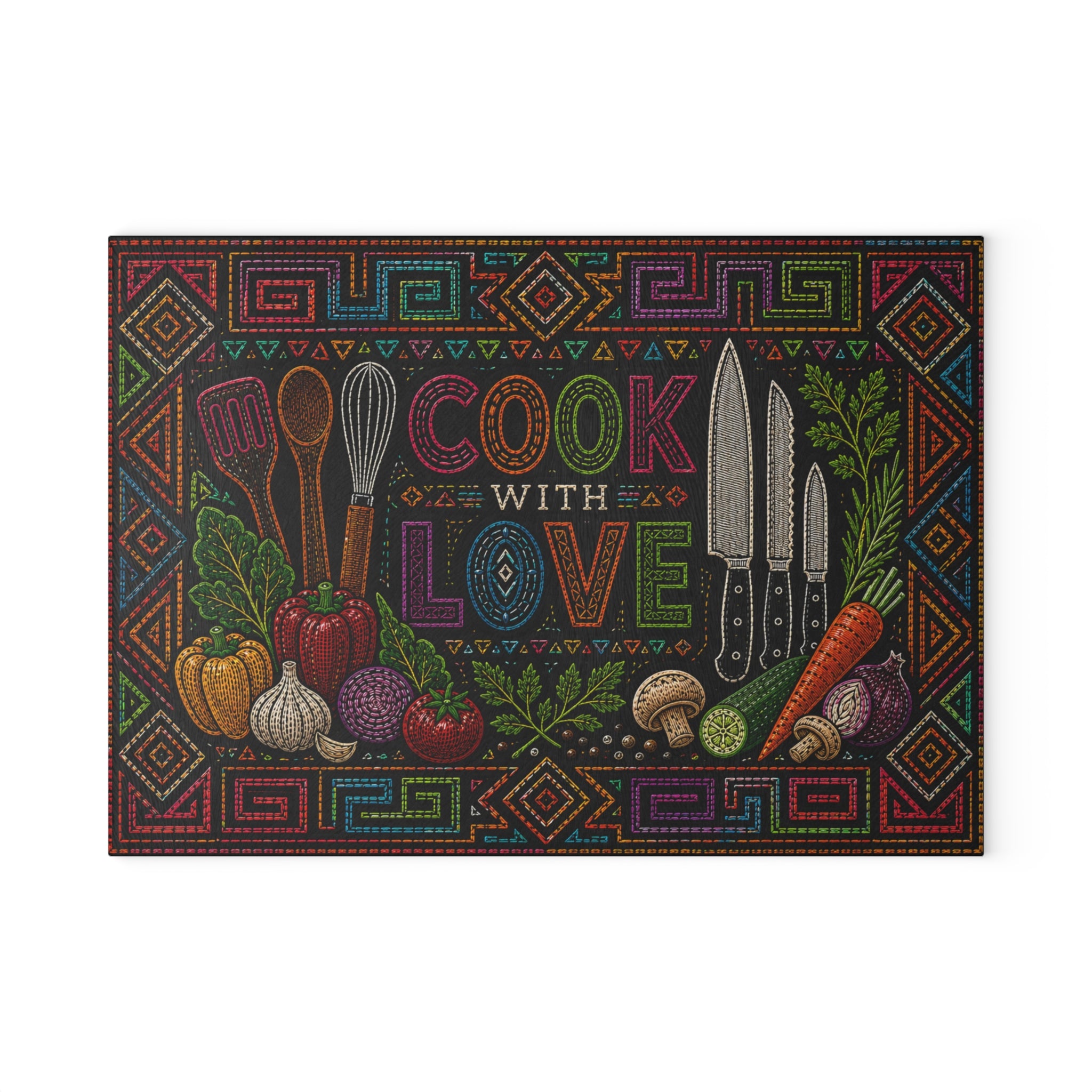 Cook With Love Glass Cutting Board — Colorful Kitchen Knife & Veggie Chopping Board