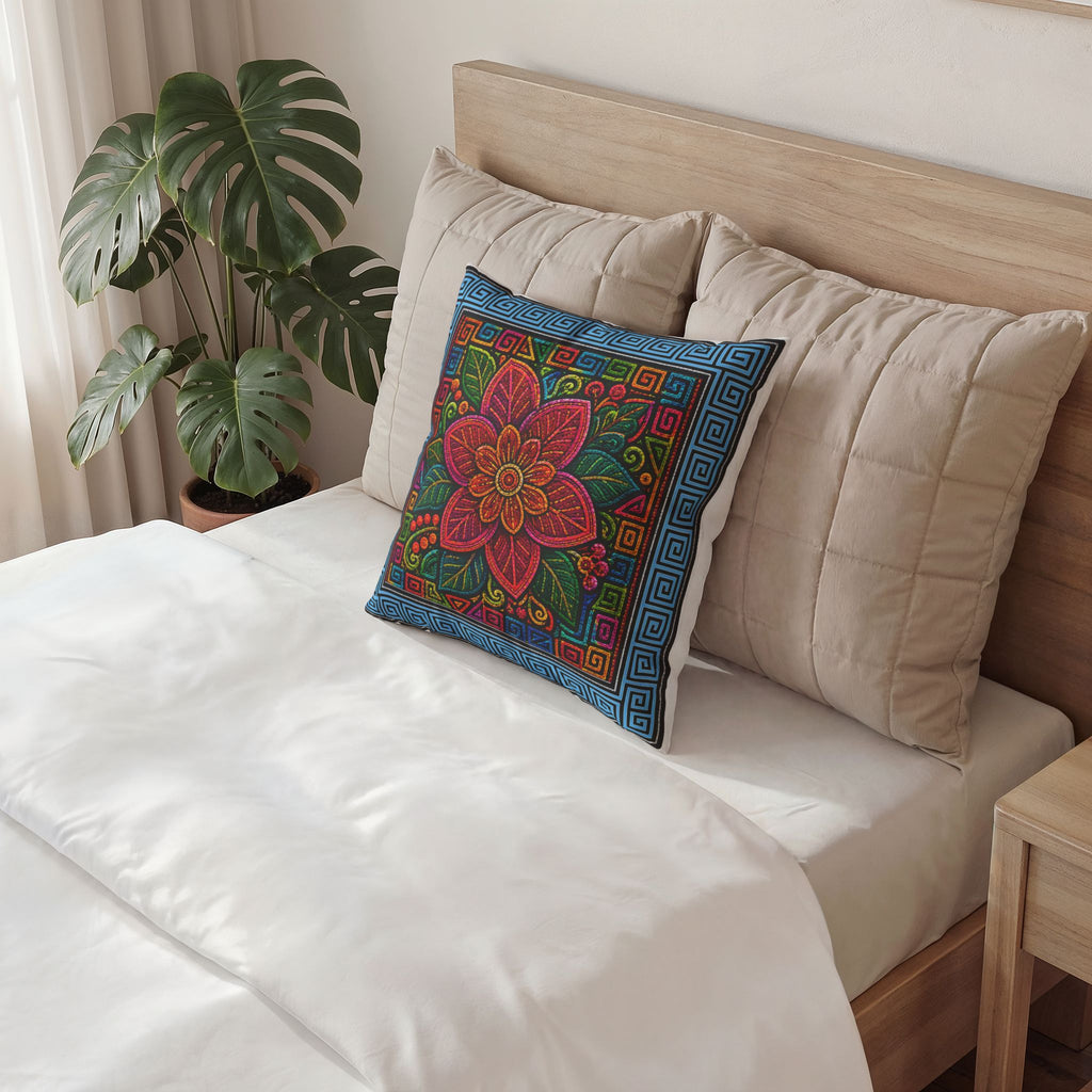 Bohemian Floral Velvet Pillow Cover — Vibrant Red Flower Decorative Throw Pillow