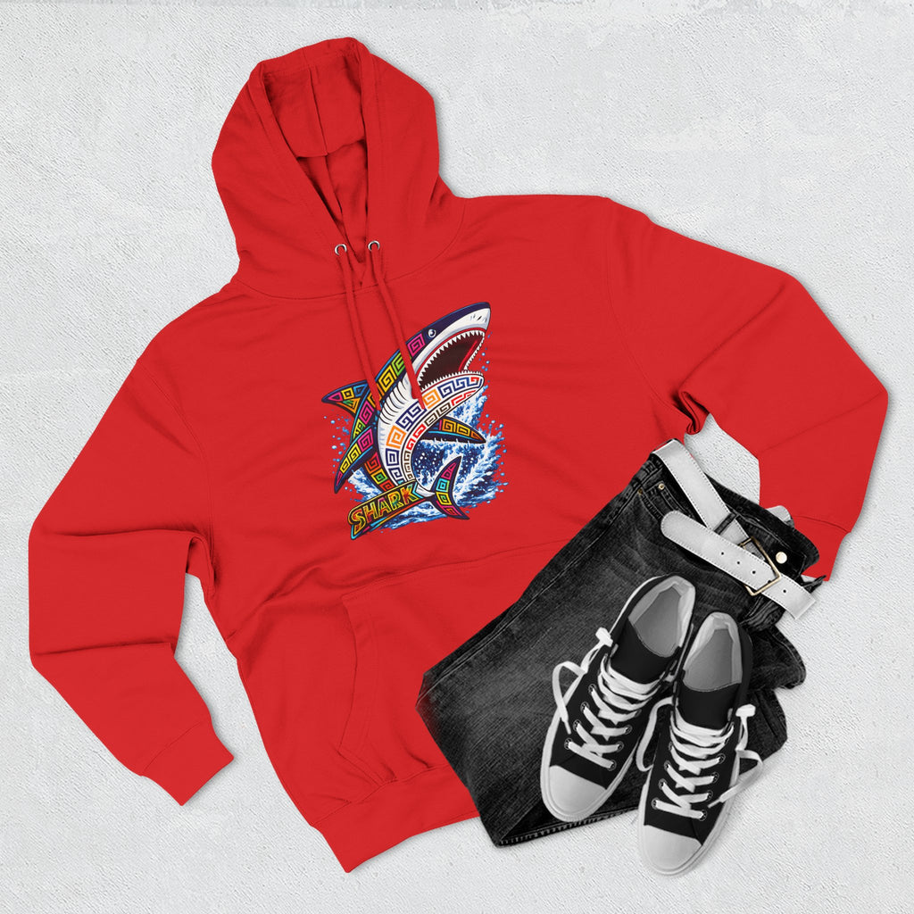 Shark Graphic Hoodie — Colorful Tribal Surf Shark Fleece Pullover