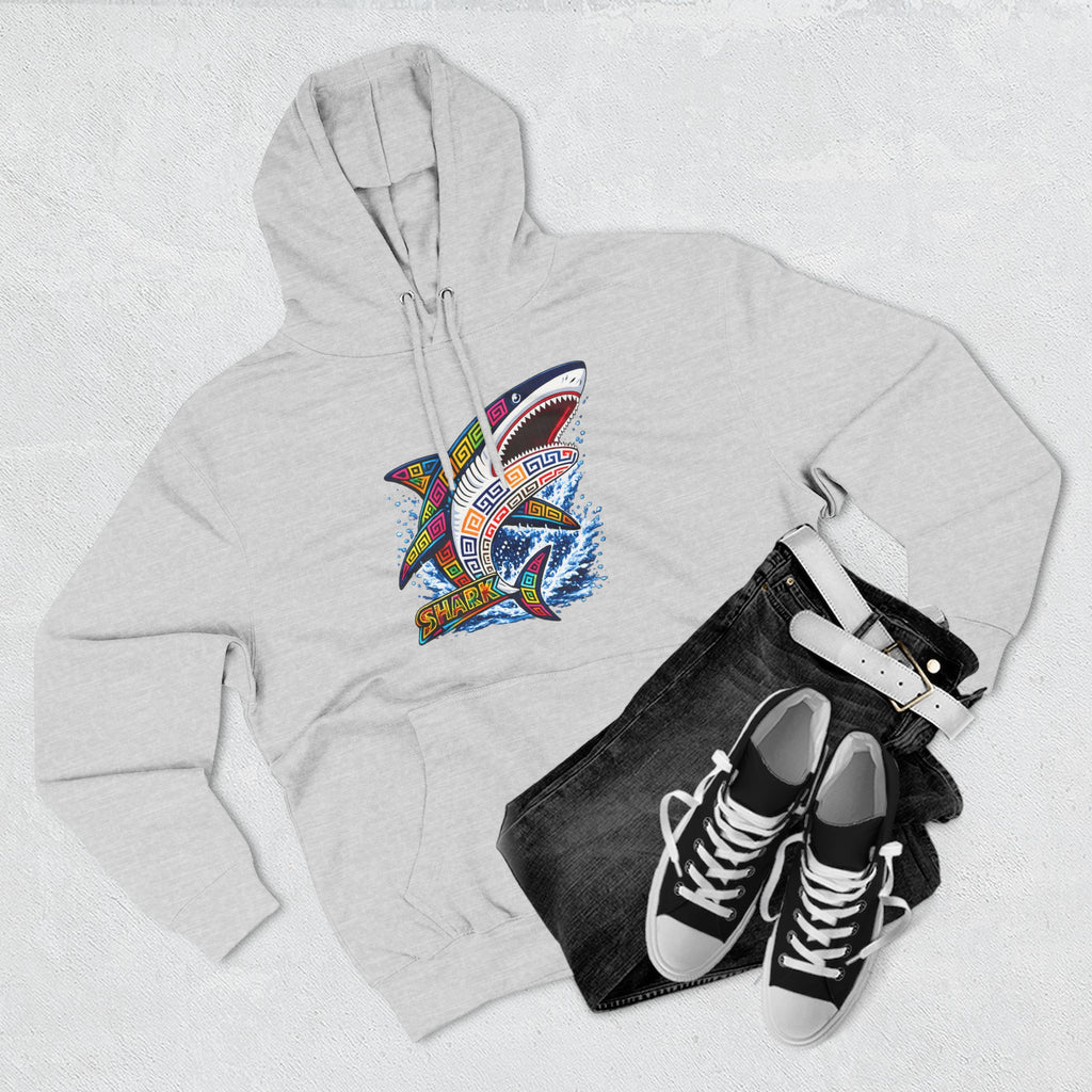 Shark Graphic Hoodie — Colorful Tribal Surf Shark Fleece Pullover