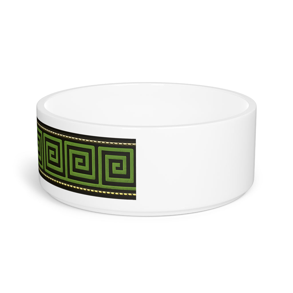 Greek Key Pet Bowl — Green Geometric Ceramic Dog & Cat Dish