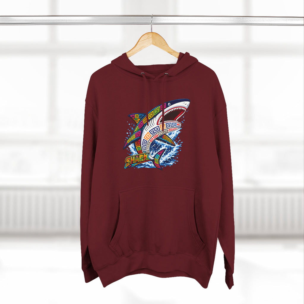Shark Graphic Hoodie — Colorful Tribal Surf Shark Fleece Pullover