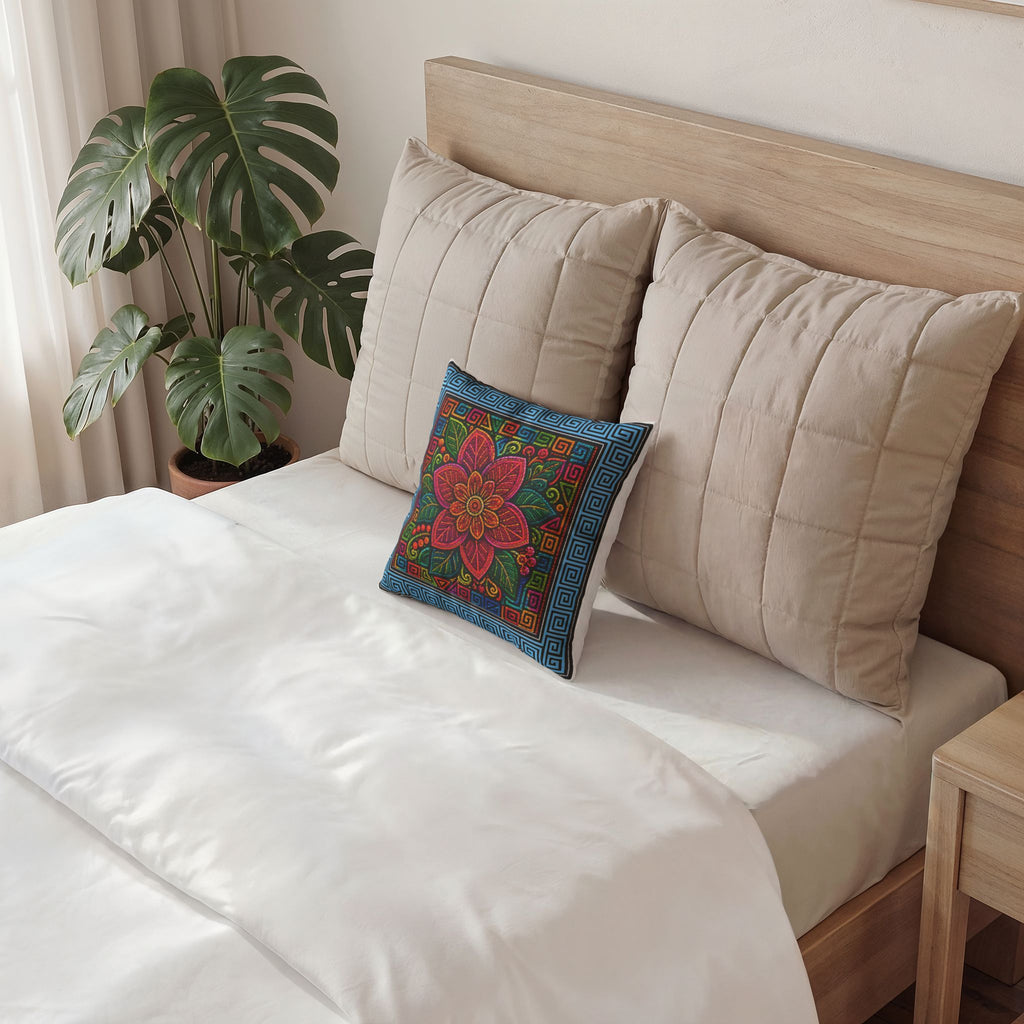 Bohemian Floral Velvet Pillow Cover — Vibrant Red Flower Decorative Throw Pillow