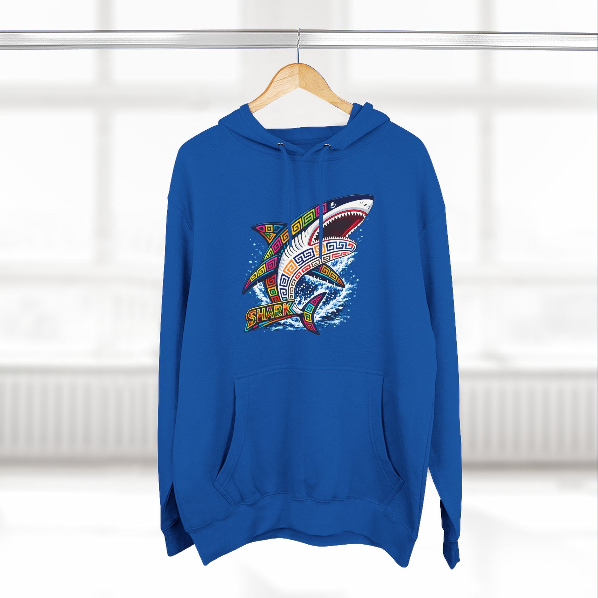 Shark Graphic Hoodie — Colorful Tribal Surf Shark Fleece Pullover