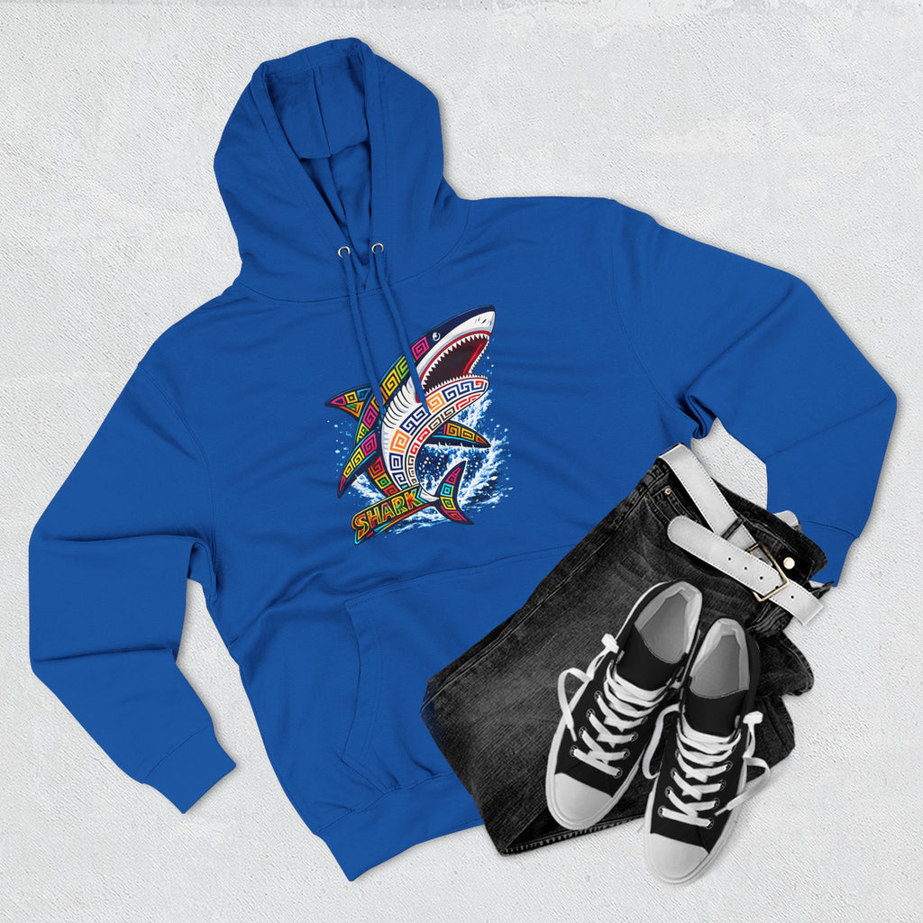 Shark Graphic Hoodie — Colorful Tribal Surf Shark Fleece Pullover