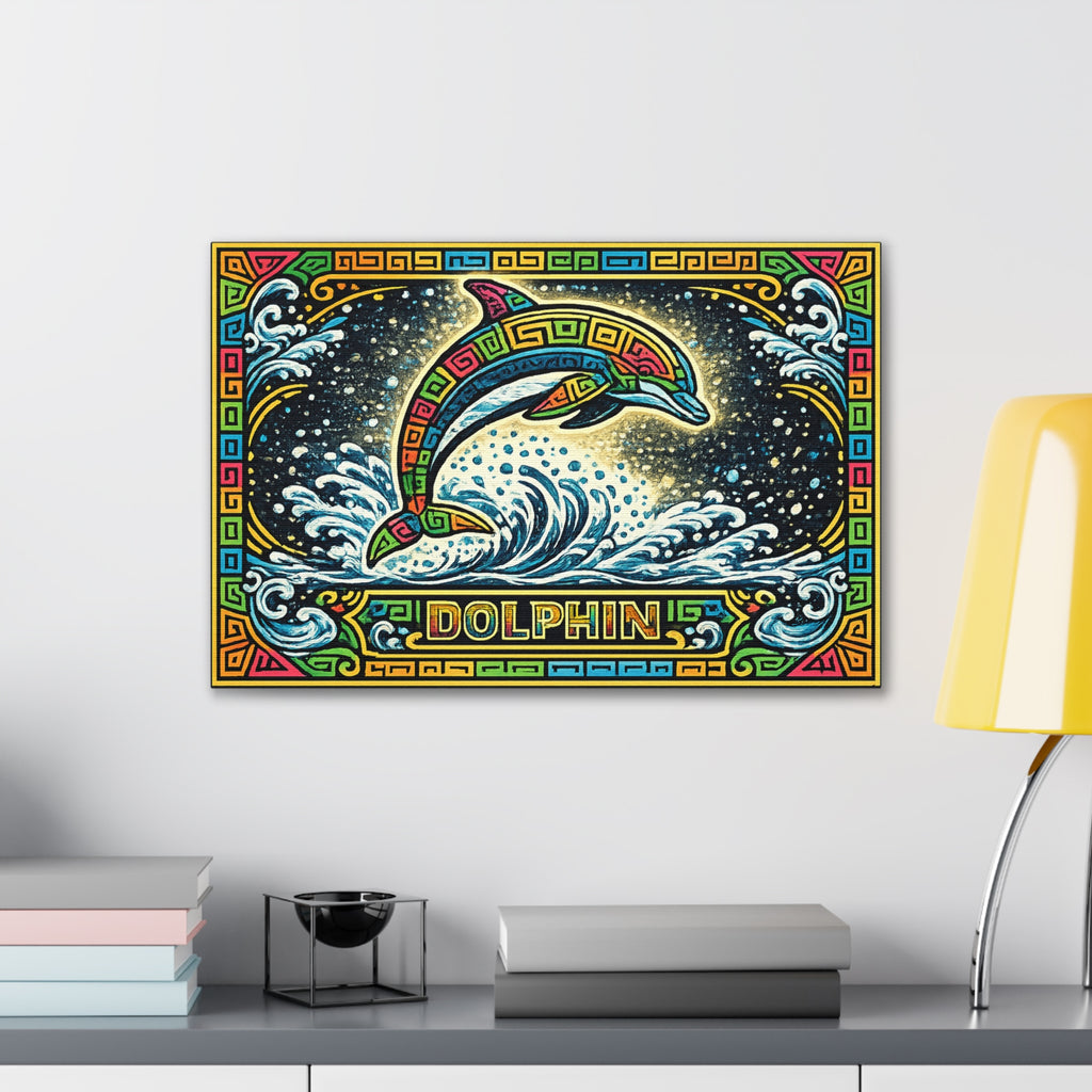 Dolphin Mosaic Canvas Print — Colorful Leaping Dolphin Wall Art