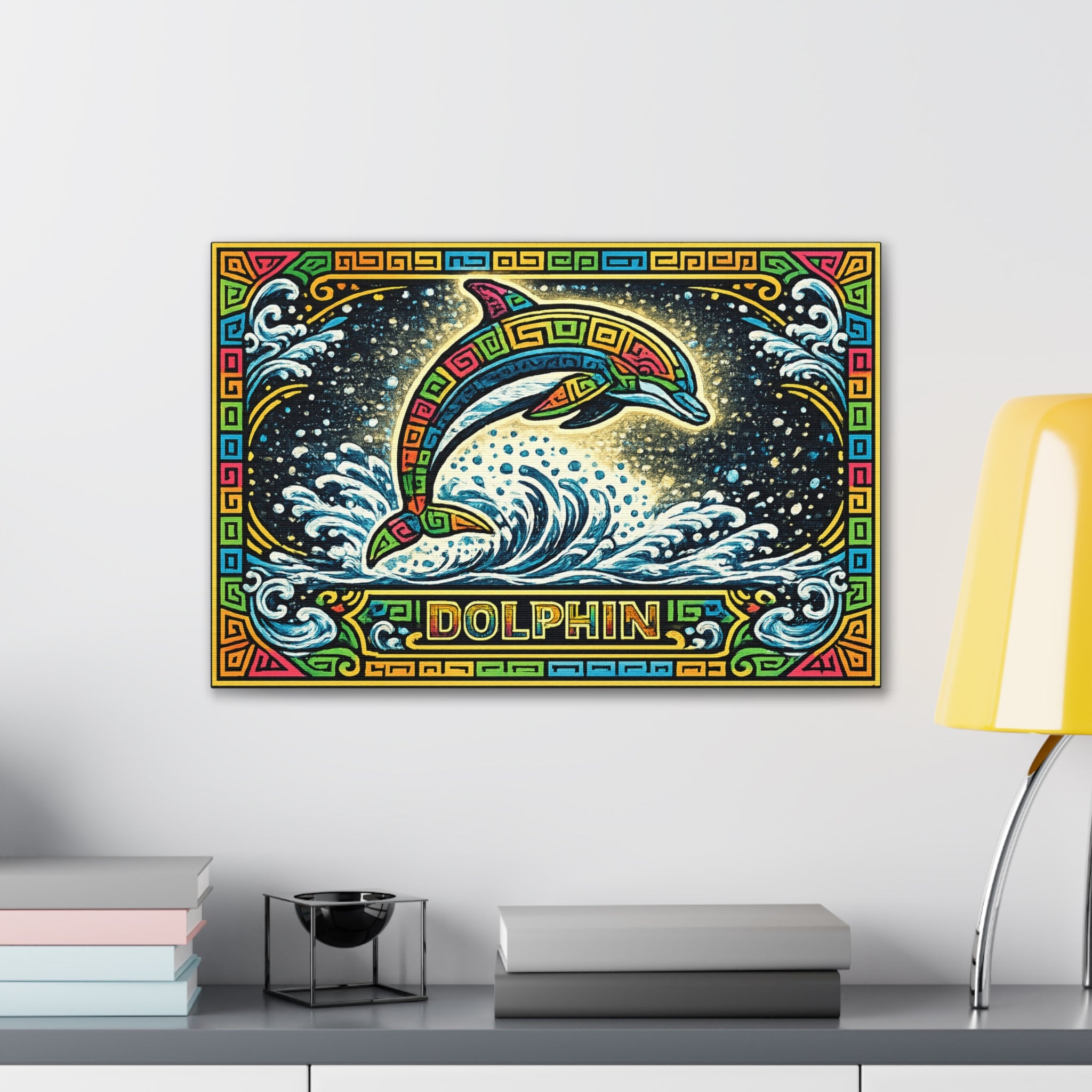 Dolphin Mosaic Canvas Print — Colorful Leaping Dolphin Wall Art