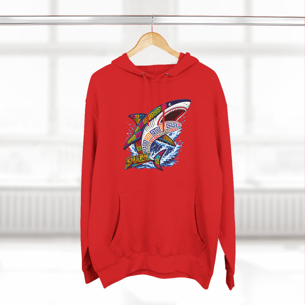 Shark Graphic Hoodie — Colorful Tribal Surf Shark Fleece Pullover