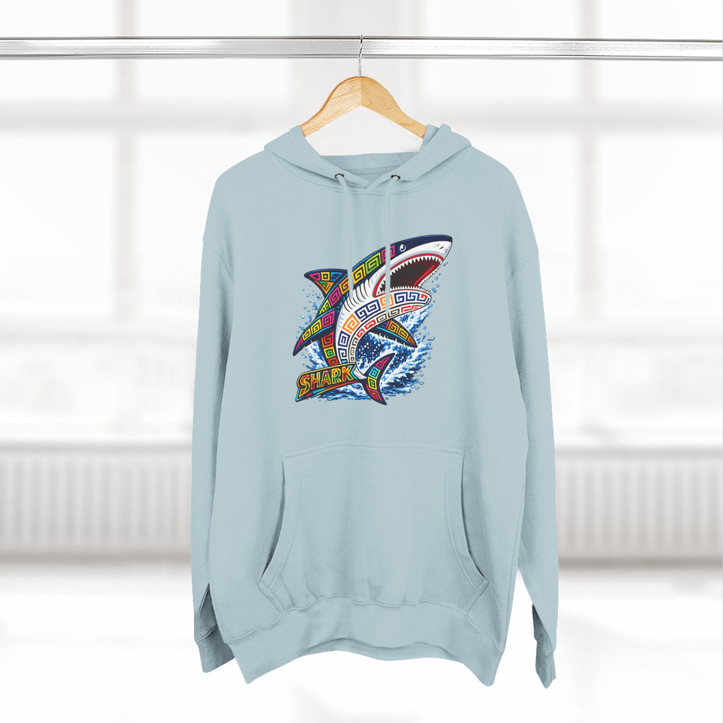 Shark Graphic Hoodie — Colorful Tribal Surf Shark Fleece Pullover