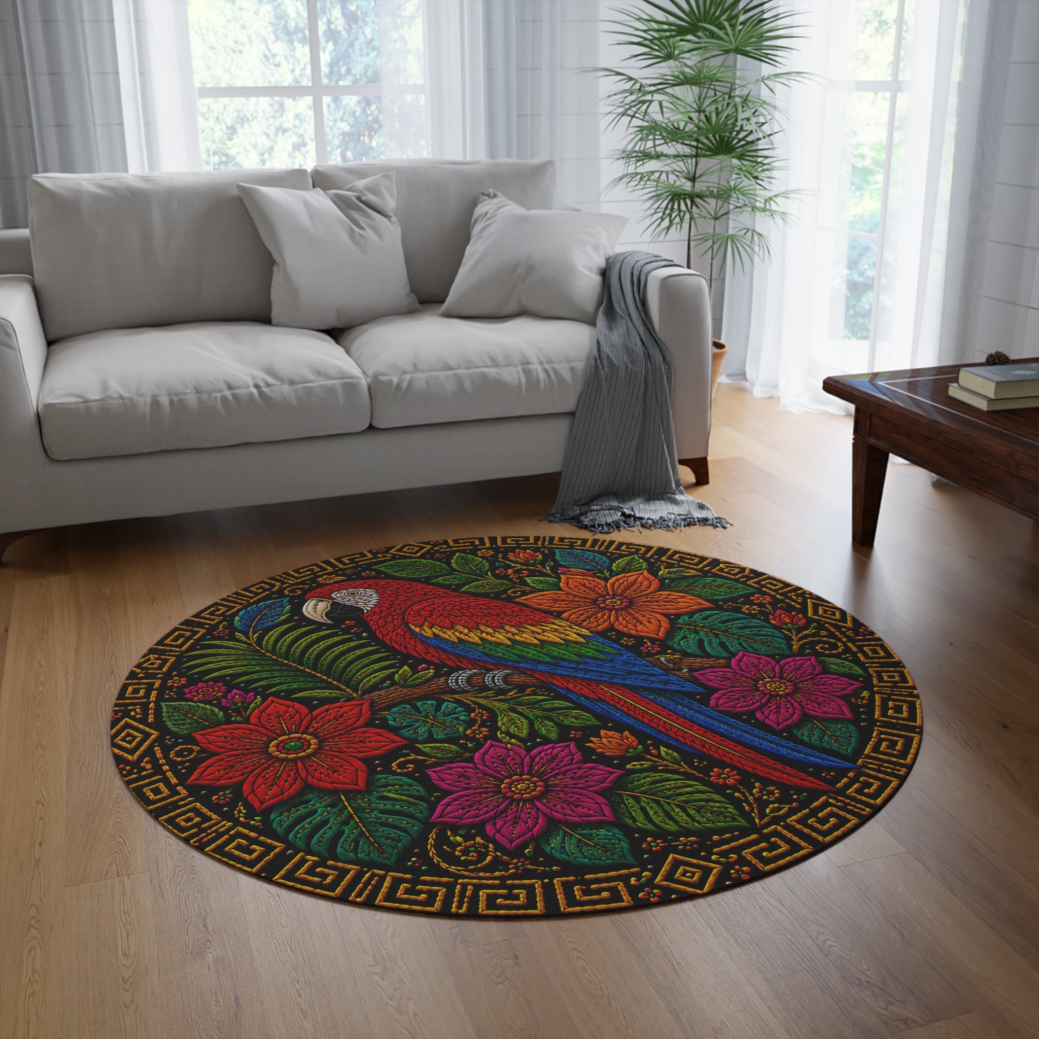 Scarlet Macaw Mandala Round Rug — Colorful Mola-Inspired Tropical Floral Mat