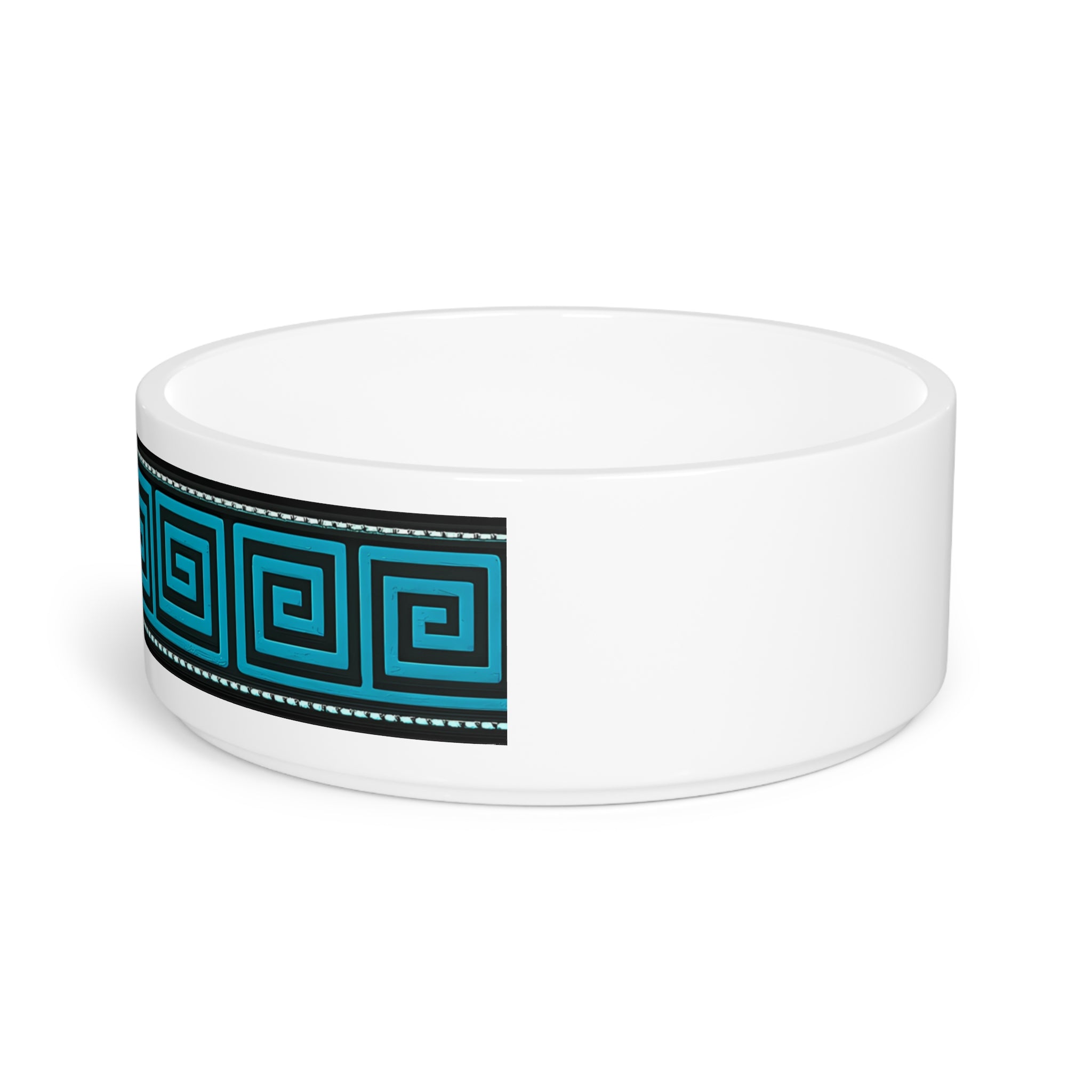 Turquoise Greek Key Pet Bowl — Ceramic Water & Food Dish for Dogs & Cats