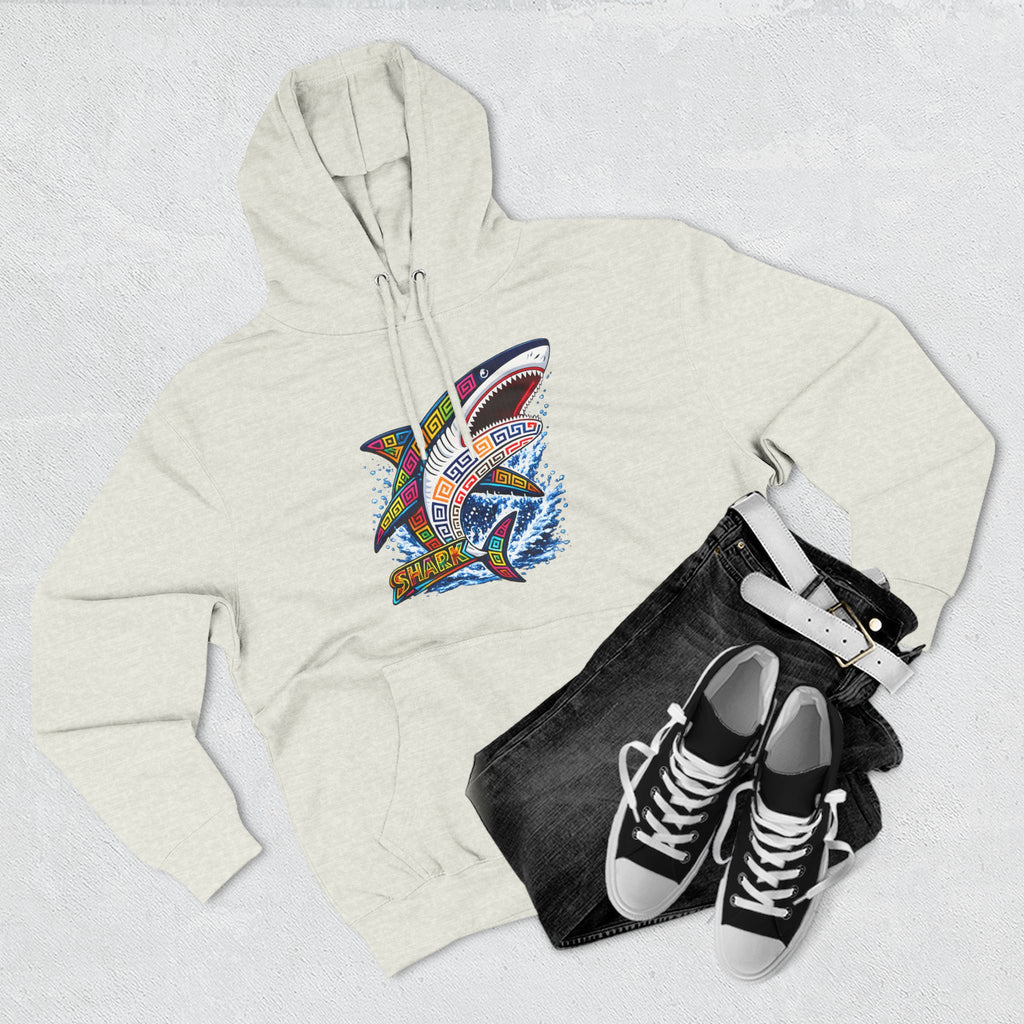 Shark Graphic Hoodie — Colorful Tribal Surf Shark Fleece Pullover