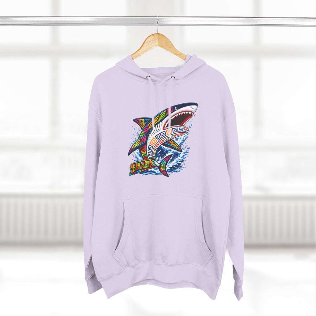 Shark Graphic Hoodie — Colorful Tribal Surf Shark Fleece Pullover
