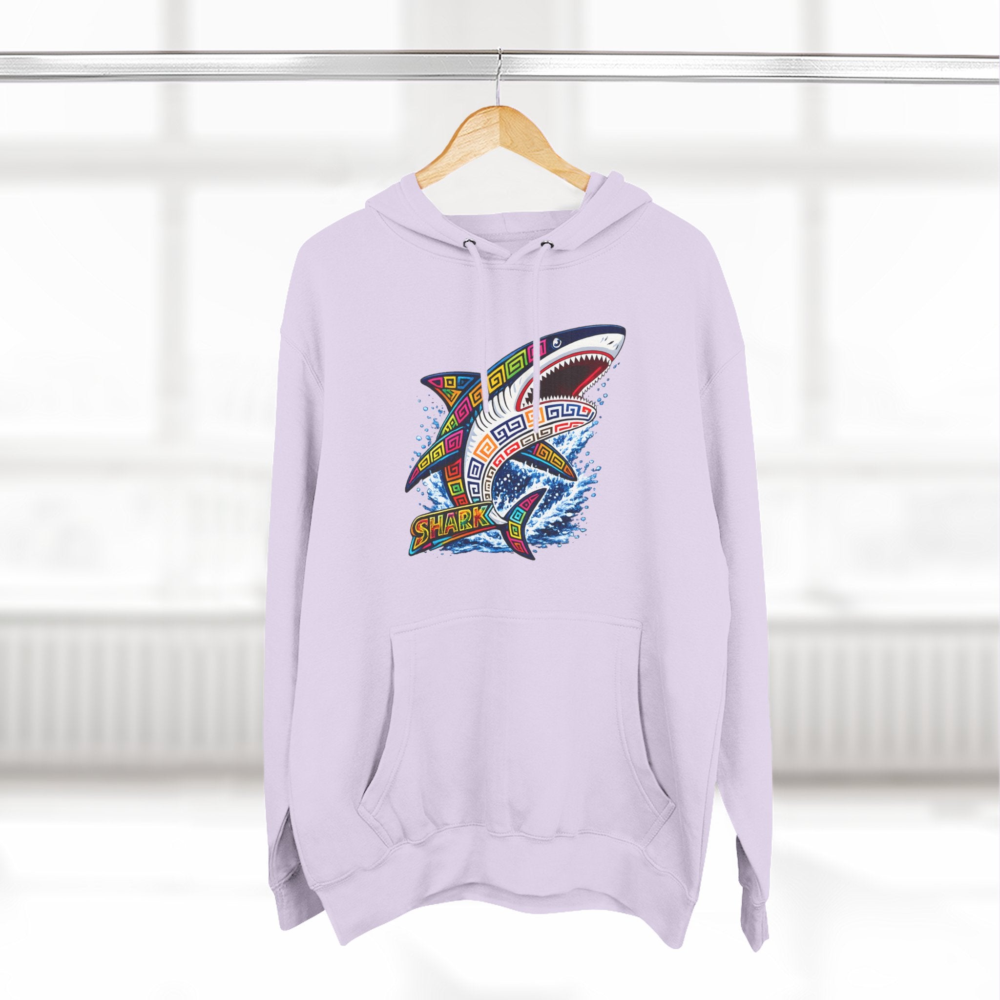 Shark Graphic Hoodie — Colorful Tribal Surf Shark Fleece Pullover