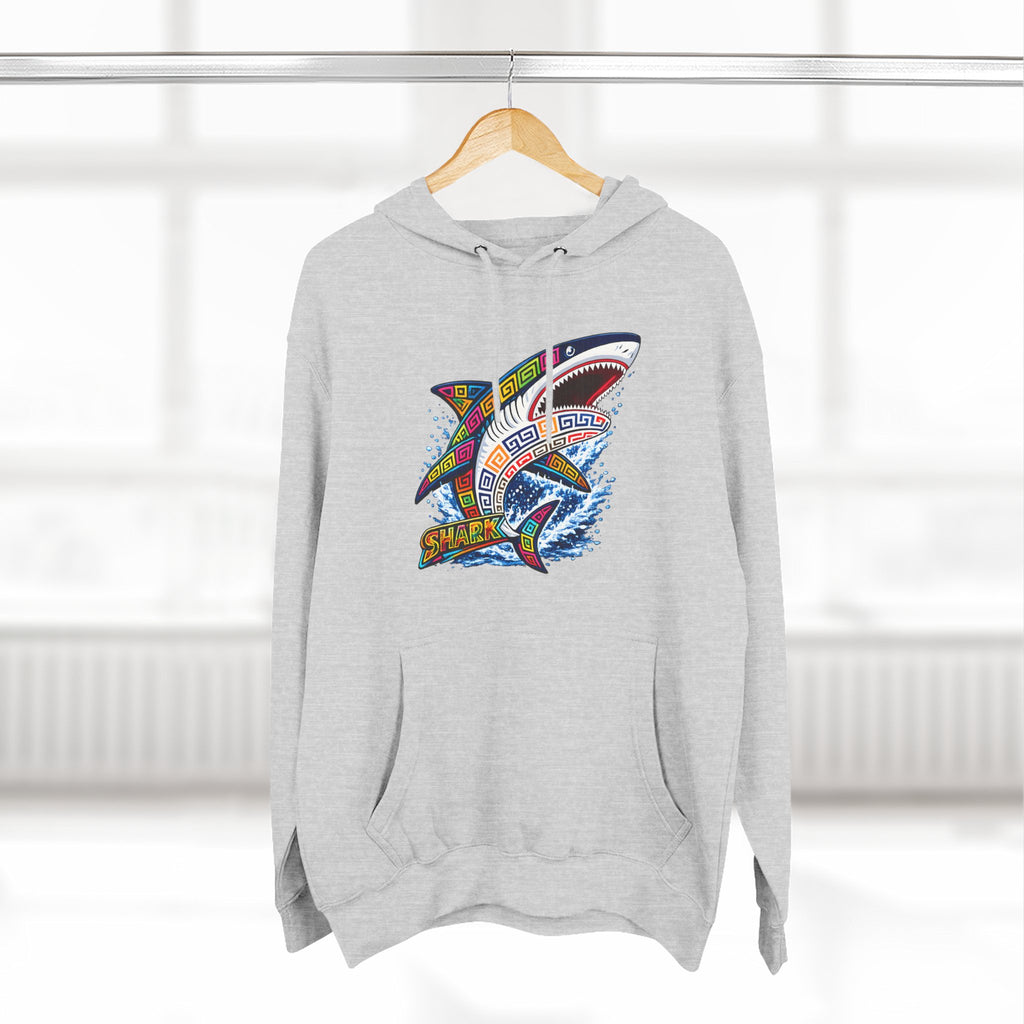Shark Graphic Hoodie — Colorful Tribal Surf Shark Fleece Pullover