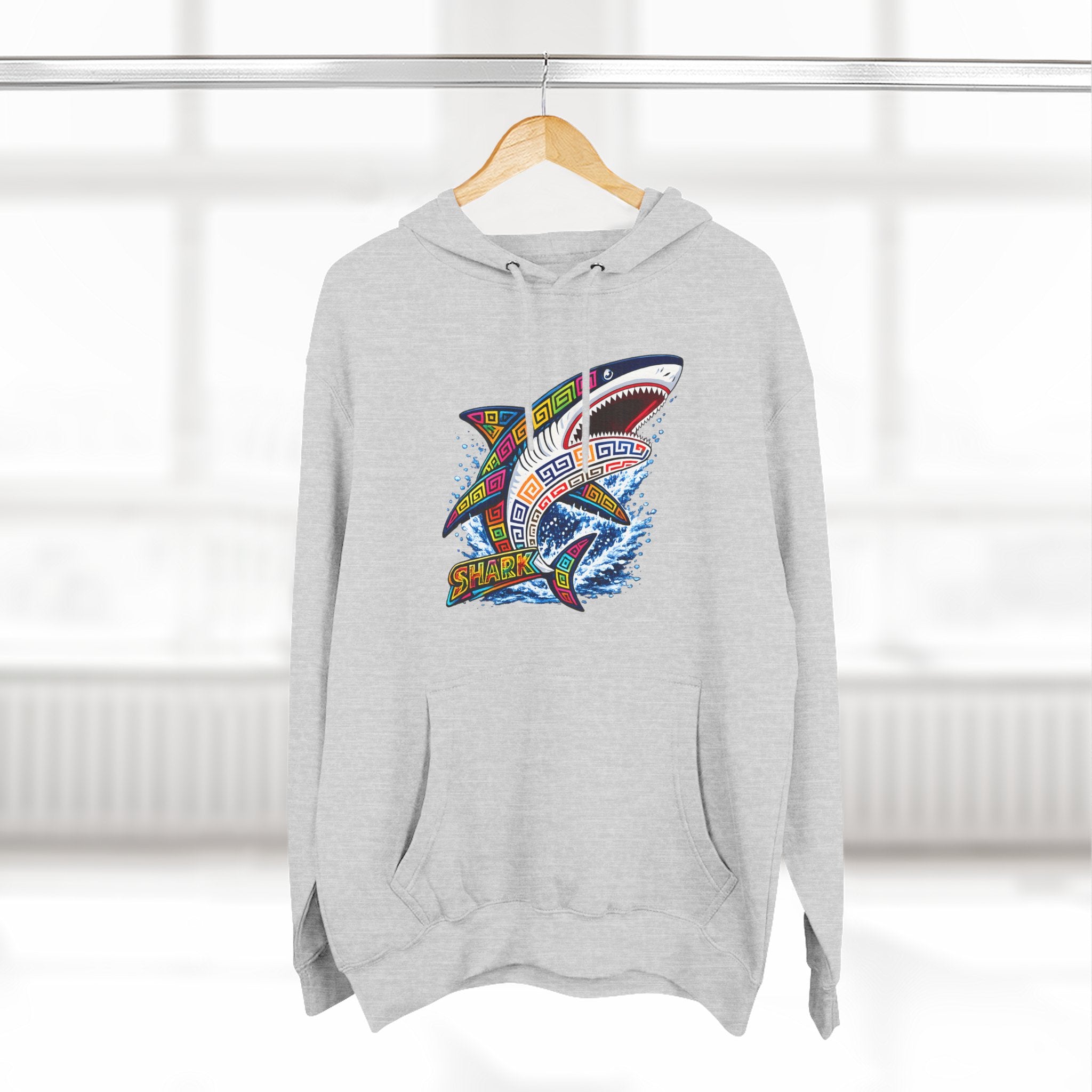 Shark Graphic Hoodie — Colorful Tribal Surf Shark Fleece Pullover