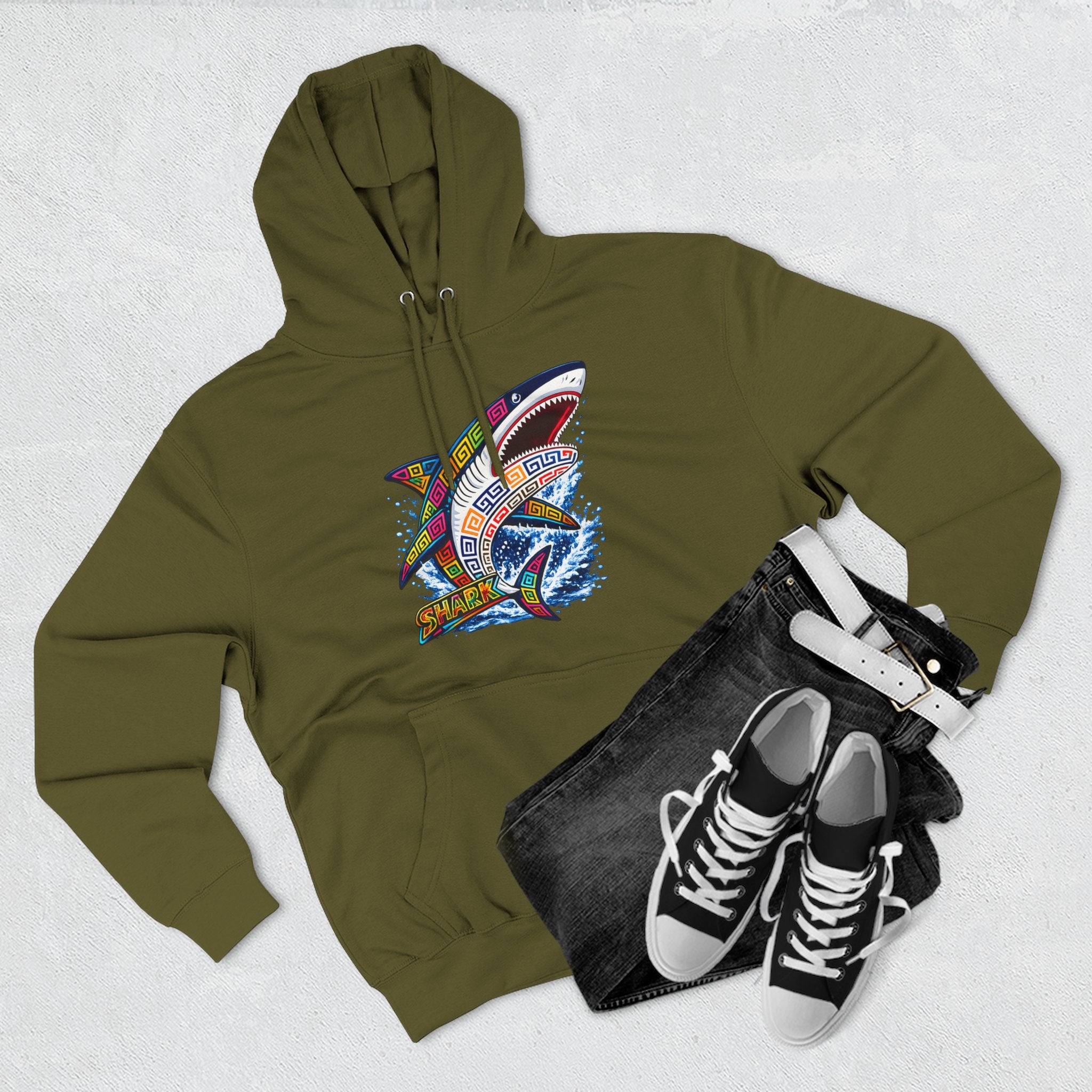 Shark Graphic Hoodie — Colorful Tribal Surf Shark Fleece Pullover