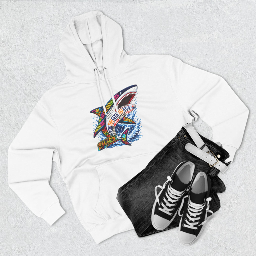 Shark Graphic Hoodie — Colorful Tribal Surf Shark Fleece Pullover