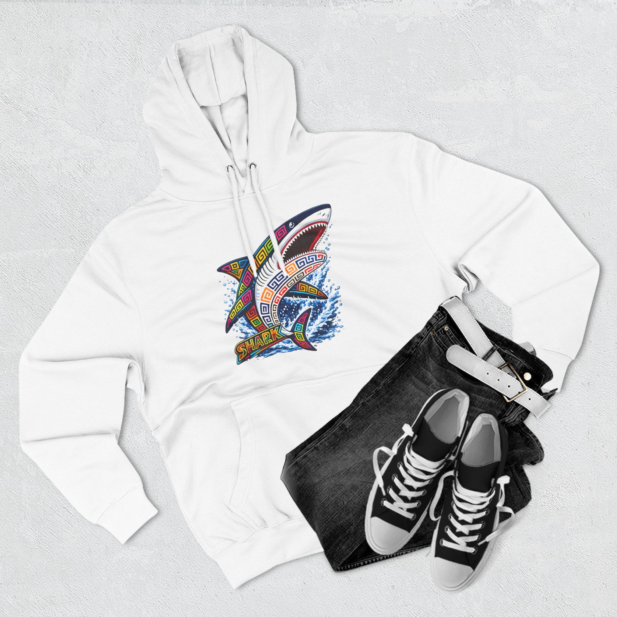Shark Graphic Hoodie — Colorful Tribal Surf Shark Fleece Pullover