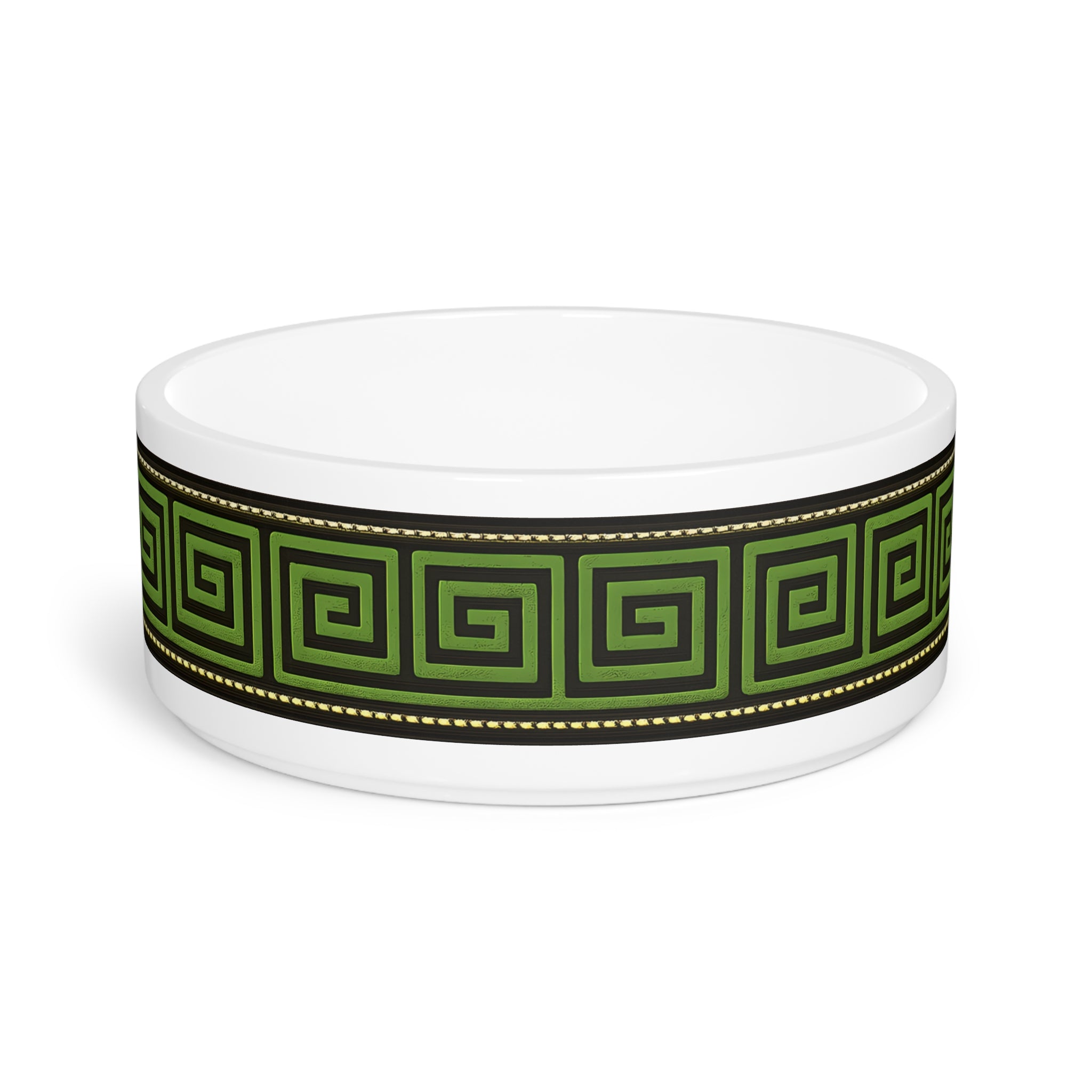 Greek Key Pet Bowl — Green Geometric Ceramic Dog & Cat Dish