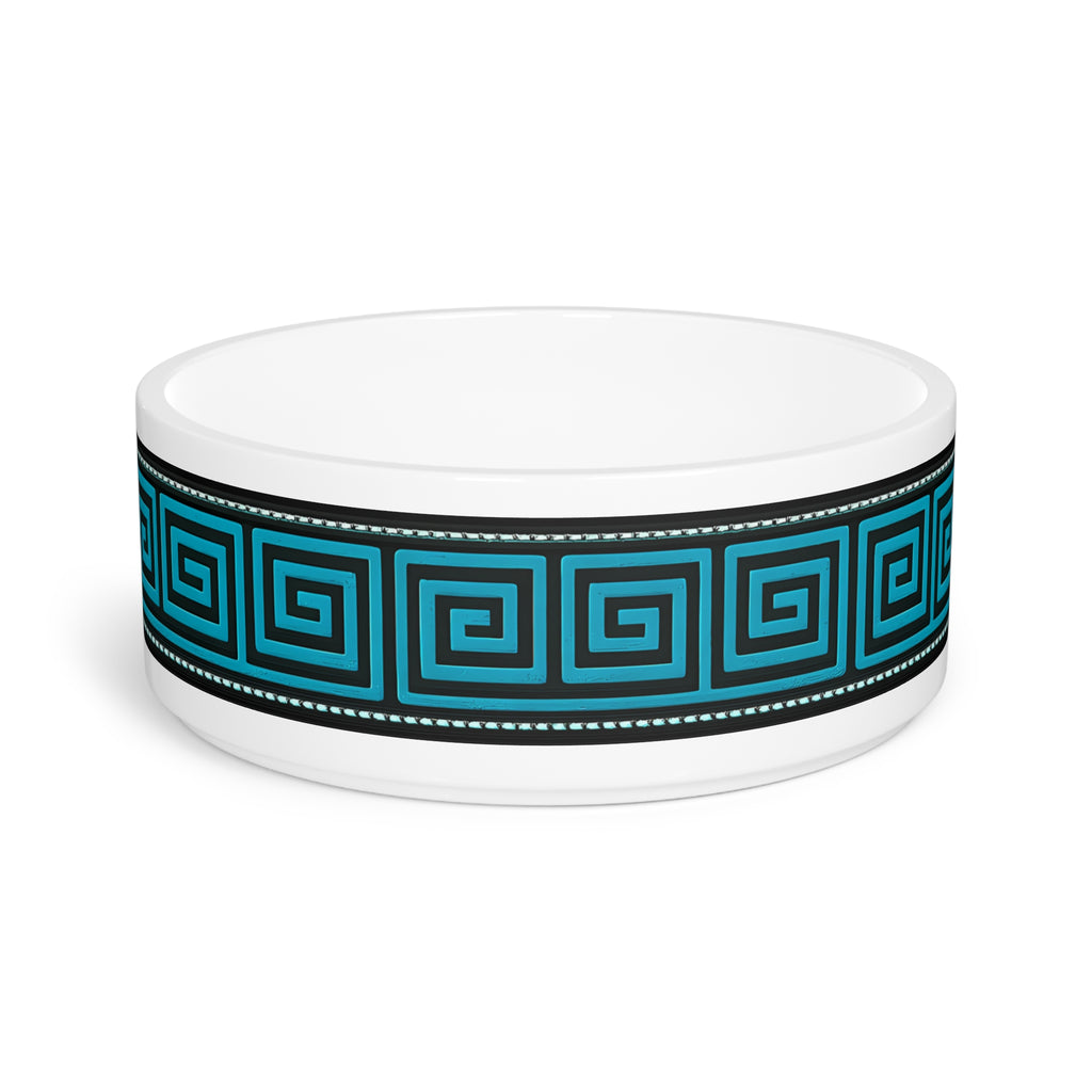 Turquoise Greek Key Pet Bowl — Ceramic Water & Food Dish for Dogs & Cats