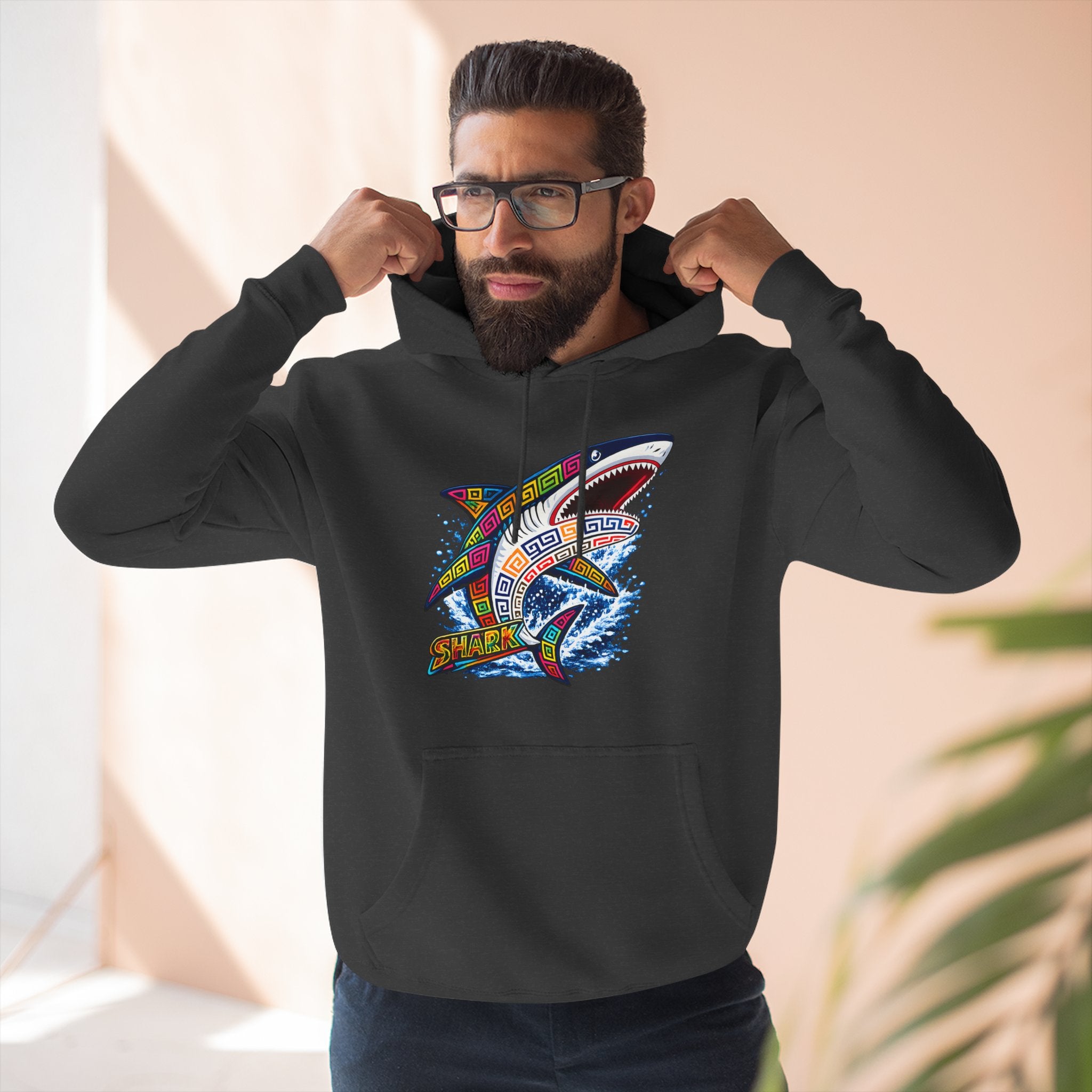 Shark Graphic Hoodie — Colorful Tribal Surf Shark Fleece Pullover