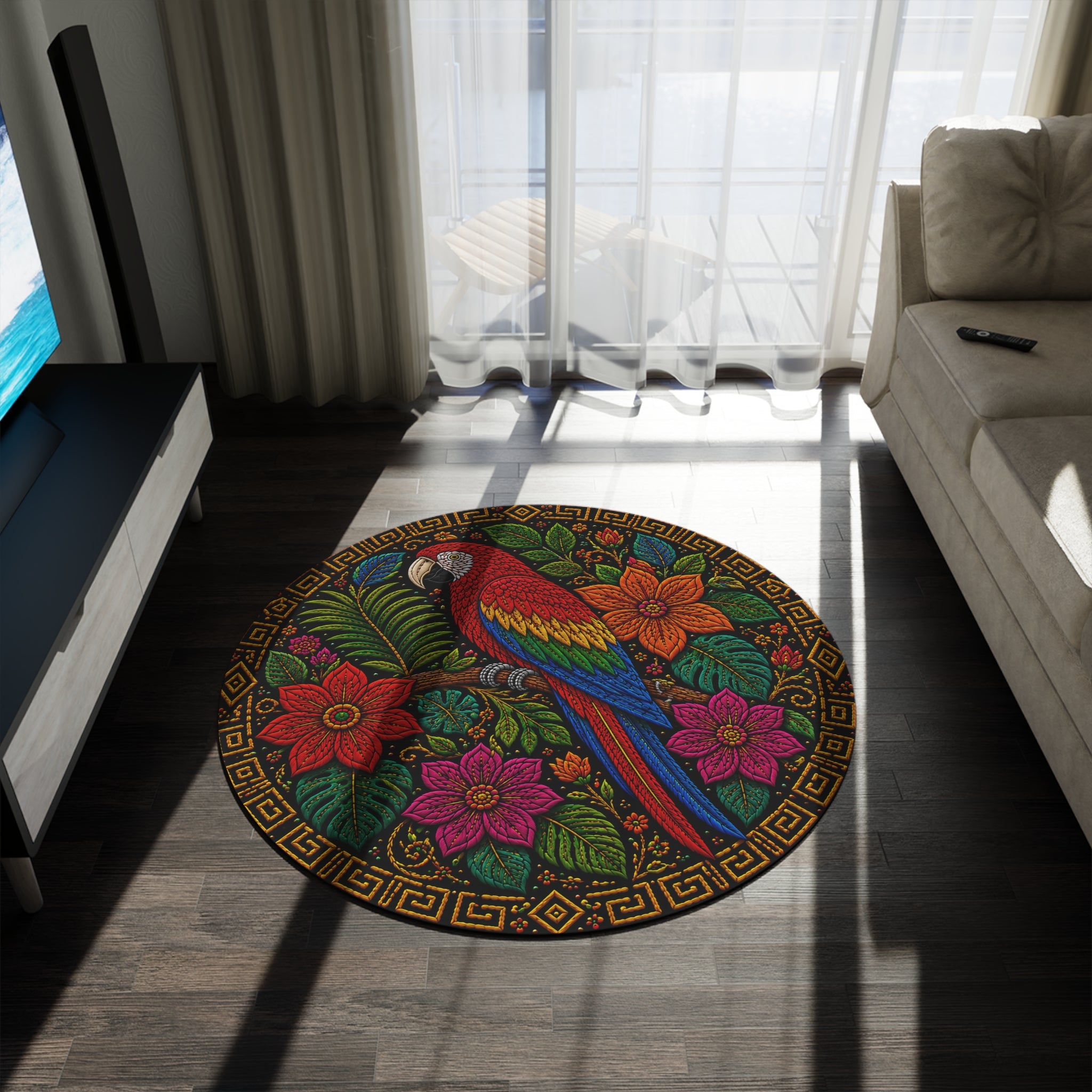 Scarlet Macaw Mandala Round Rug — Colorful Mola-Inspired Tropical Floral Mat