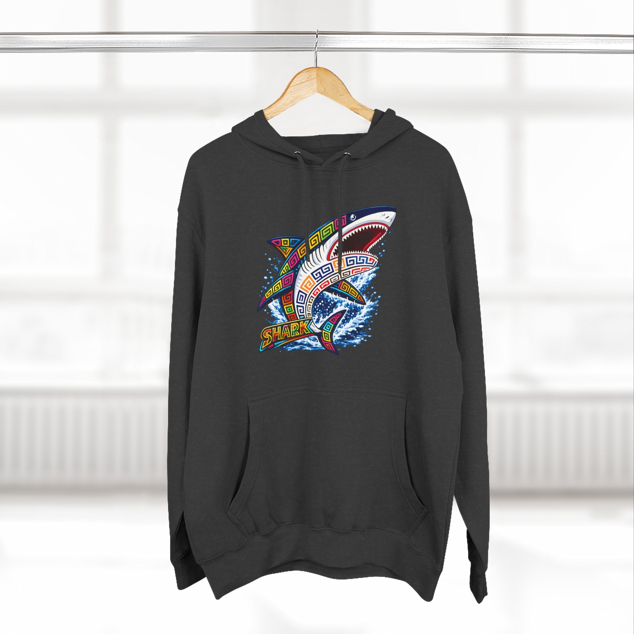 Shark Graphic Hoodie — Colorful Tribal Surf Shark Fleece Pullover